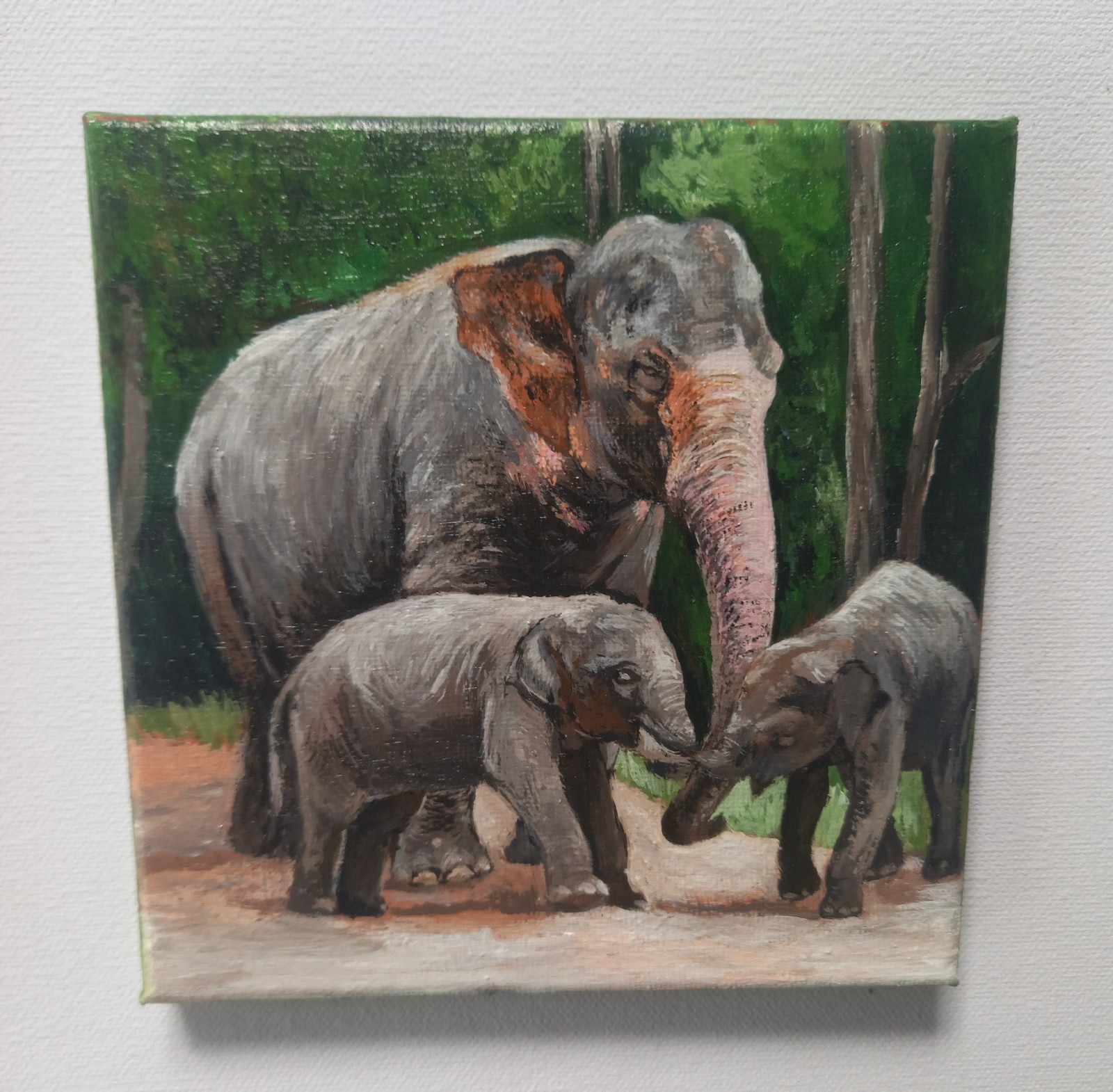 Original Handmade Canvas Art – Elephant Family (Mother with Two Baby Elephants)”
