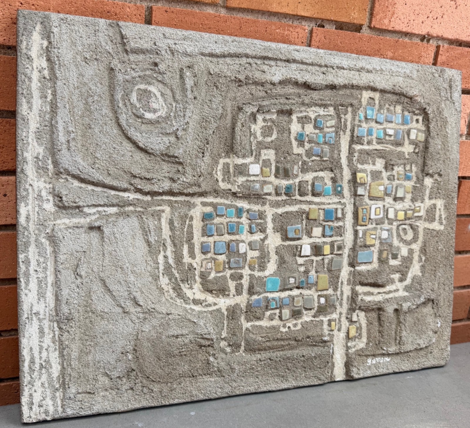 Vintage MCM Abstract Cement Mosaic Wall Art Mid Century Modern Signed Barron