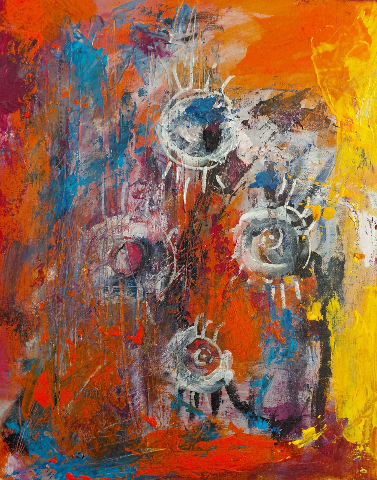 Yello Orange Blue Abstract flowers Original Acrylic 8×10 Canvas Board