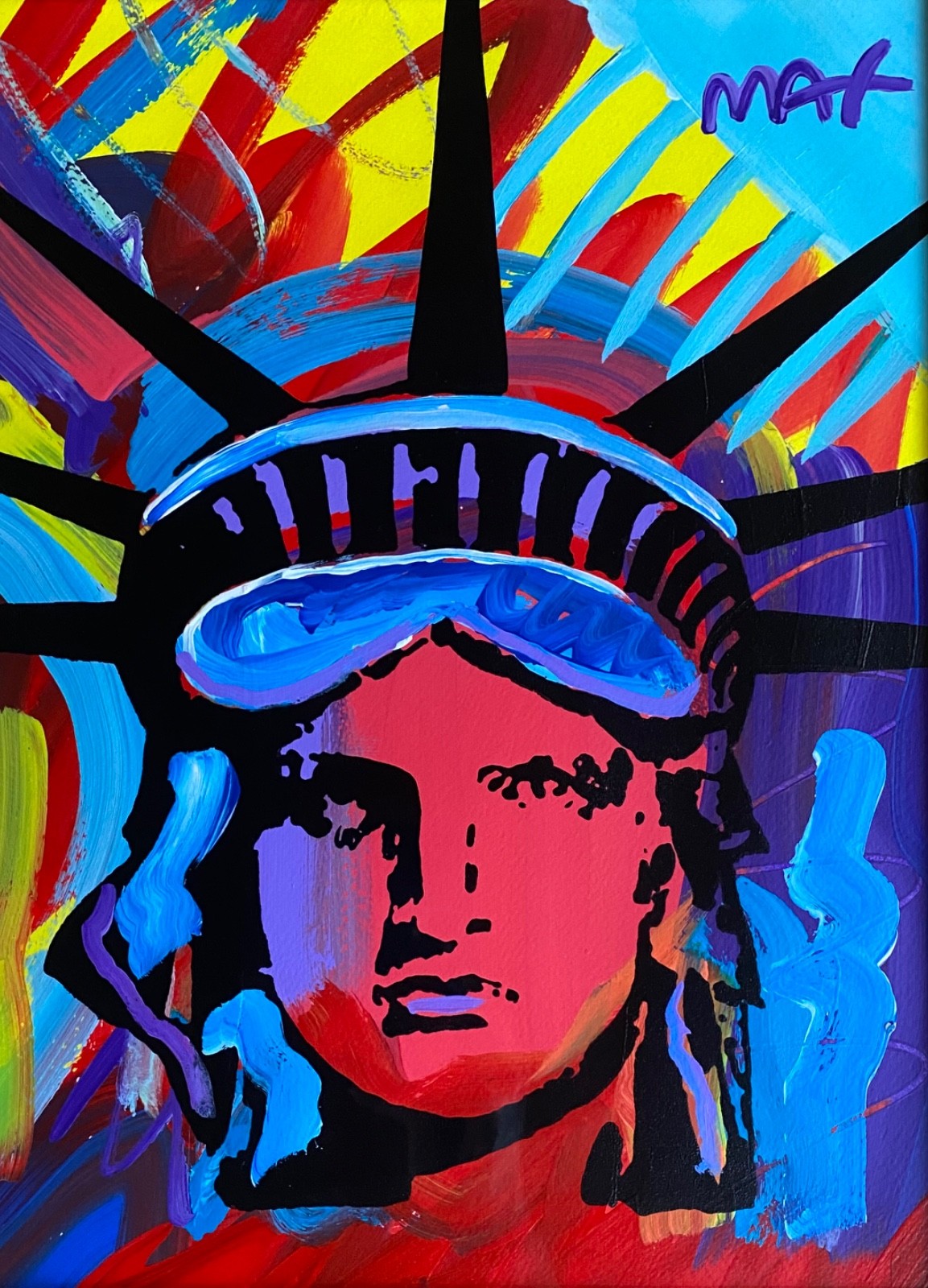 Peter Max «Statue of Liberty» Signed Acrylic Painting on Paper Framed