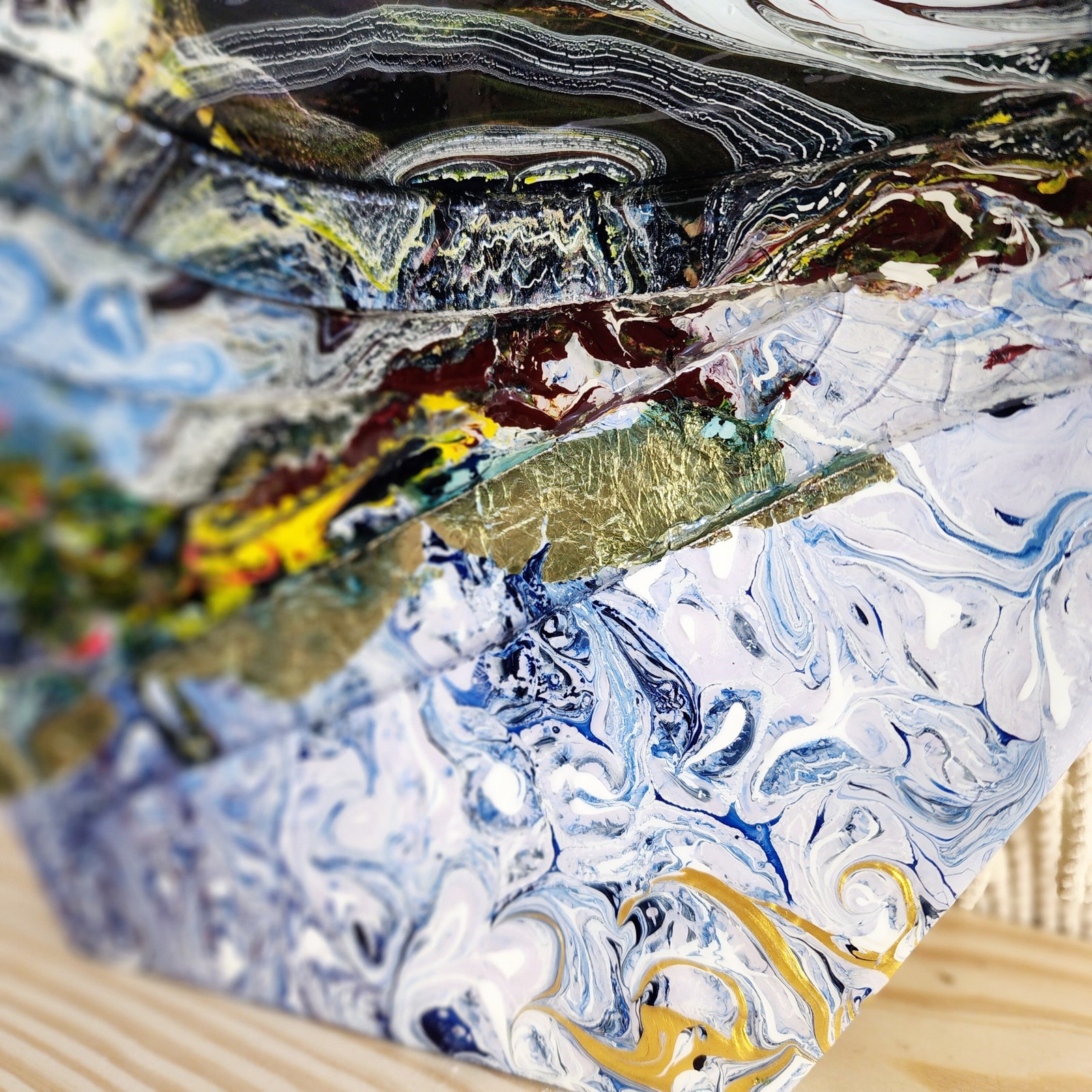 Fluid Painting On Wood Blue Hexagon Original Abstract Stormy Seas Wood Panel