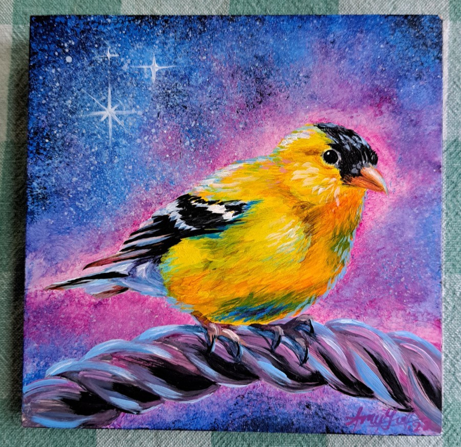Cosmic Goldfinch Bird Original Painting On Board Art Amy Groff Finch Animal OOAK