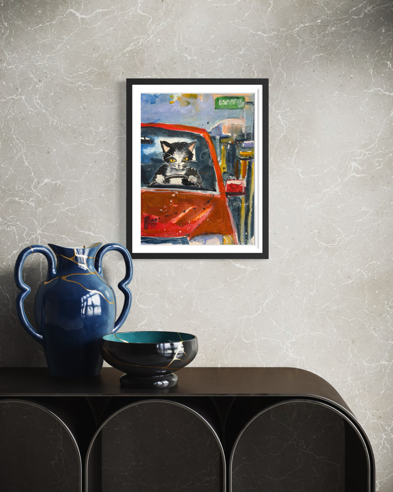 Grumpy Cat Driving Truck – Original Watercolor, Funny Moody Art – 9″x12″