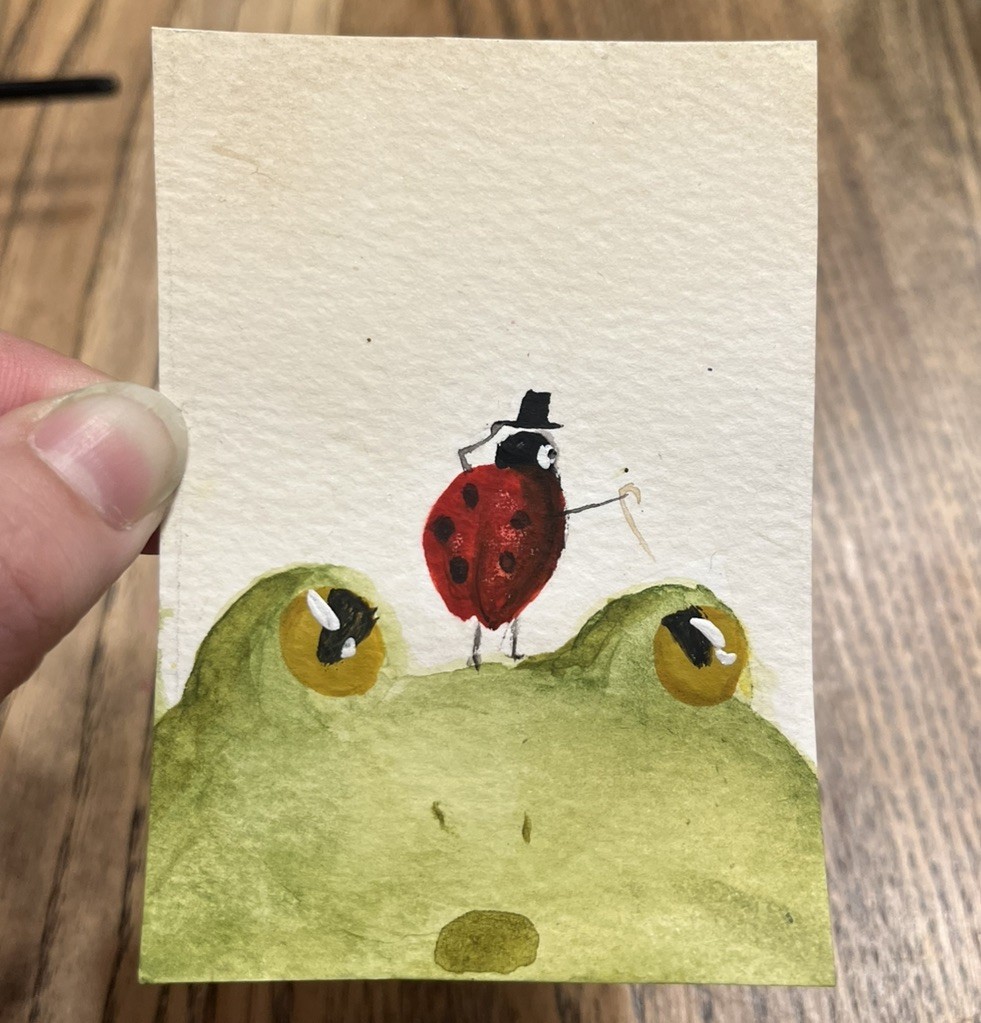ACEO PRINT ladybug surprises Frog with performance! Watercolor Painting 3.5×2.5