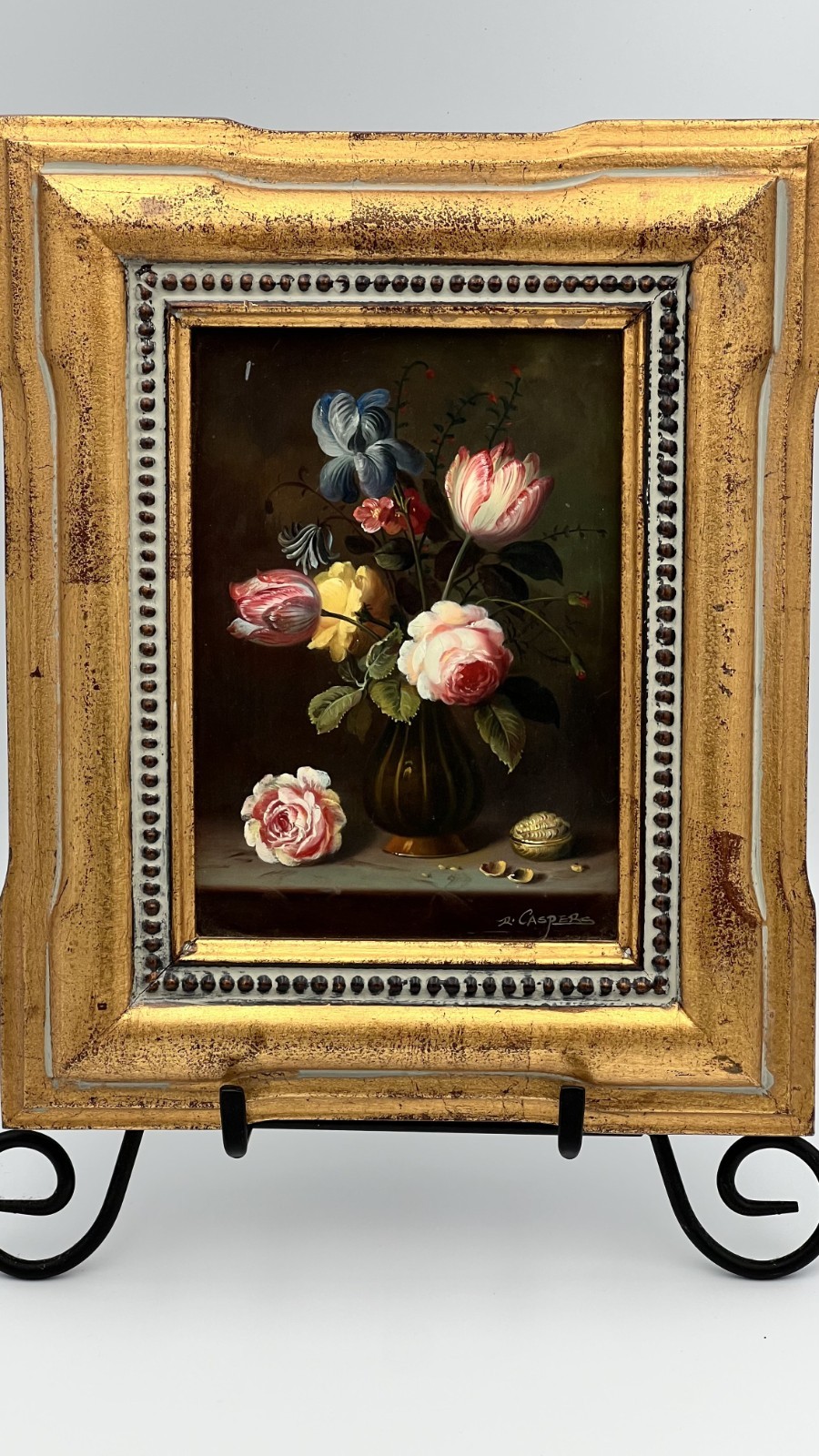 R. Caspers Signed Oil on Board Dutch Style Floral Still Life Gilt Frame 10×8″