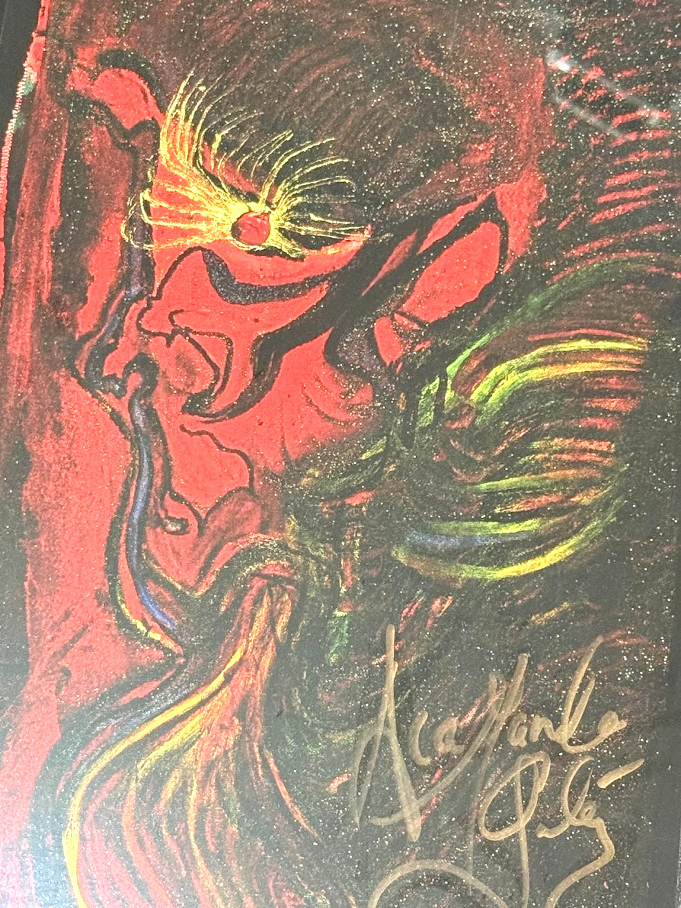 Diamanda Galás Original Signed Painting – Red Expressionist Art in Gothic Frame
