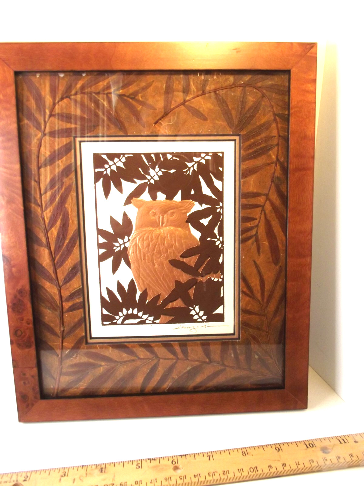 Artist Signed Copper OWL ART WORK on Embossed Paper Metallic Hand made Fern Matt