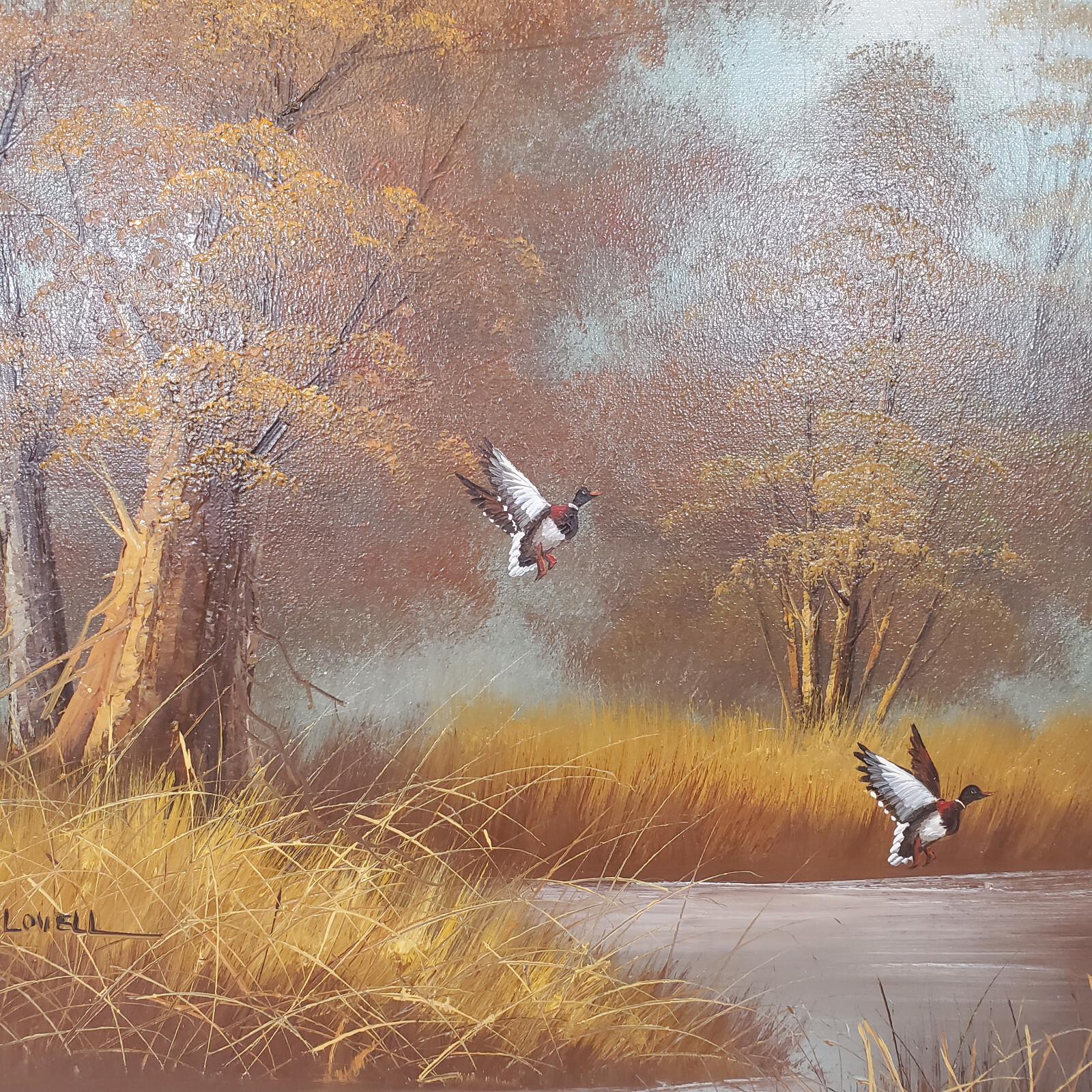 W. Lovell Signed Oil Canvas 24×20 Vtg Painting Ducks in Flight Landing Marsh