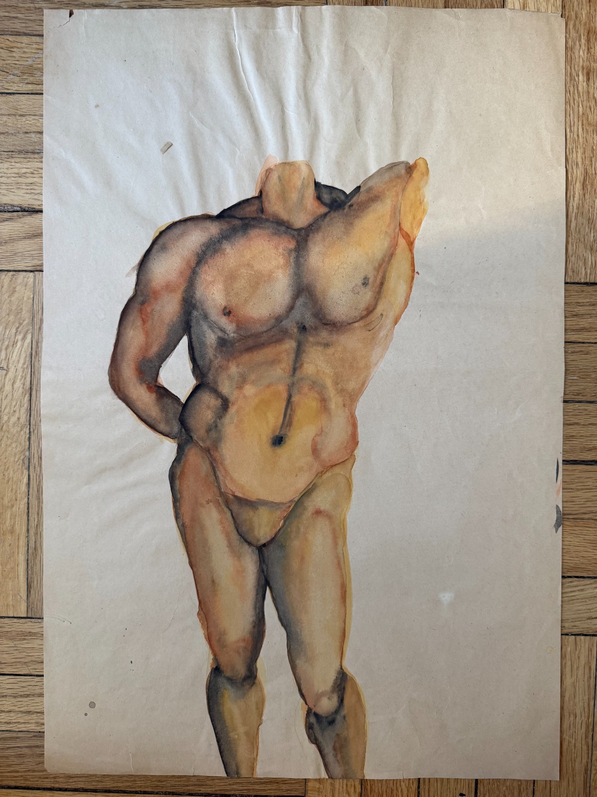 Vintage 1940s Academic Gouache Painting Male Torso Figure 13.5 x 20 Gay Int