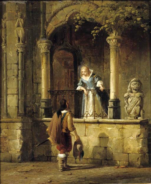 Oil painting Cornelis-Springer-An-amorous-encounter lady man in landscape canvas