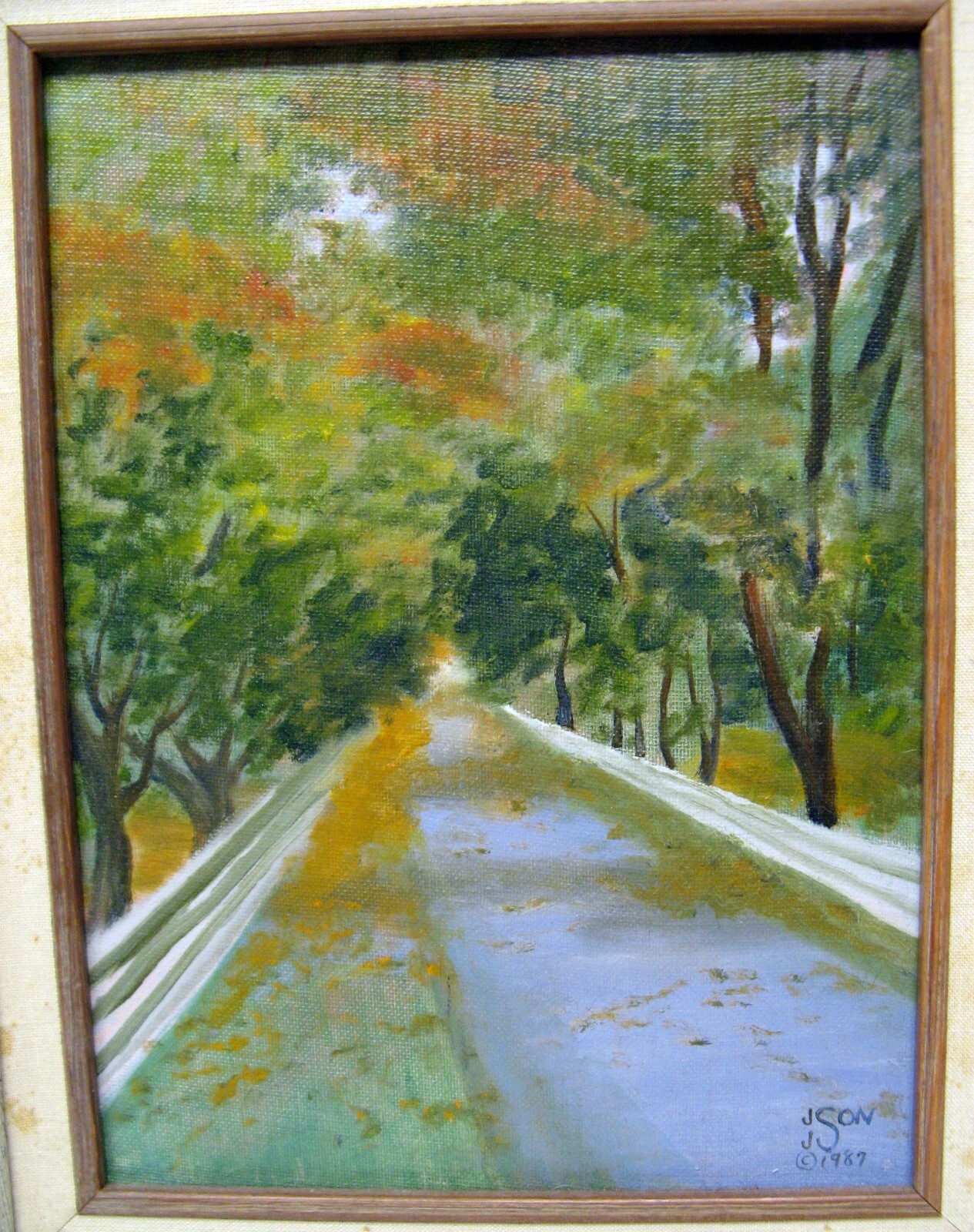 16 1/2″x13 1/2″ «Park back road» Oil on a cardboard painting , signed