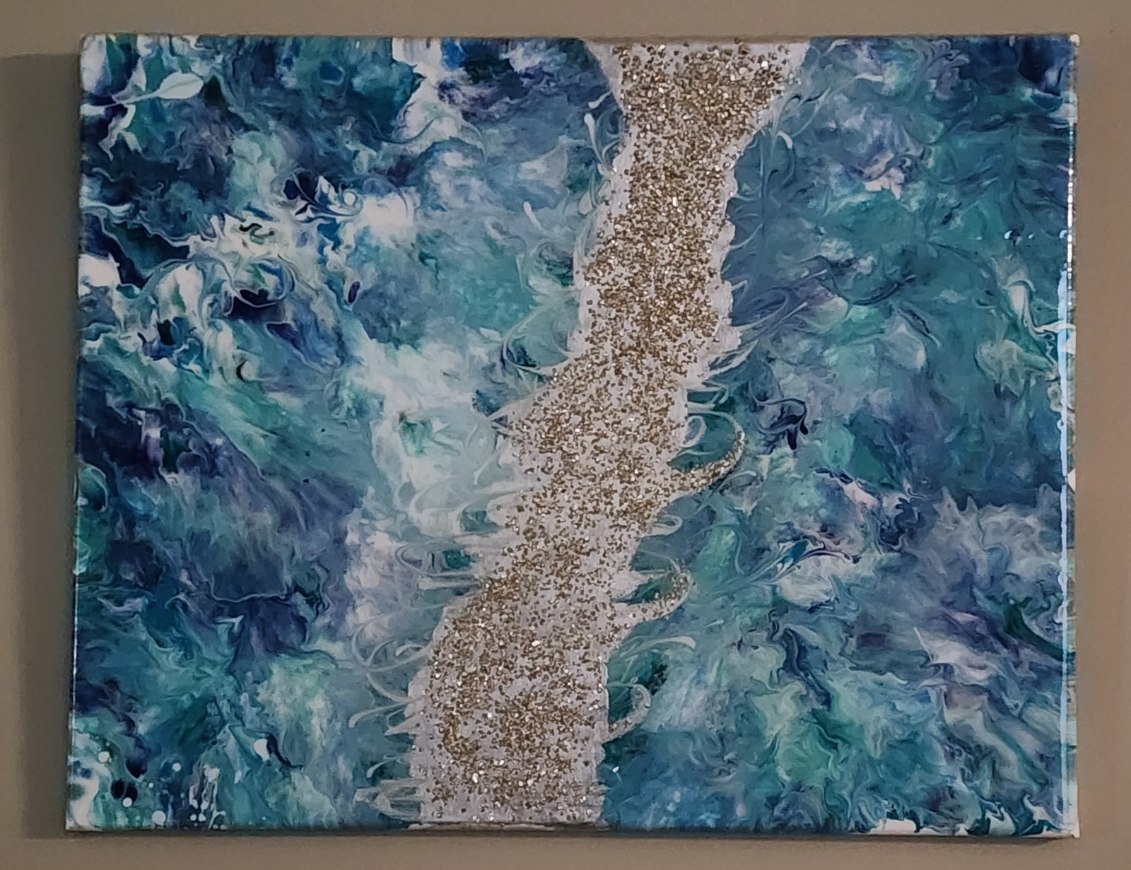 Acrylic Pour Painting, featuring Blues, Greens & Glass Shards on 20 x 16 Canvas
