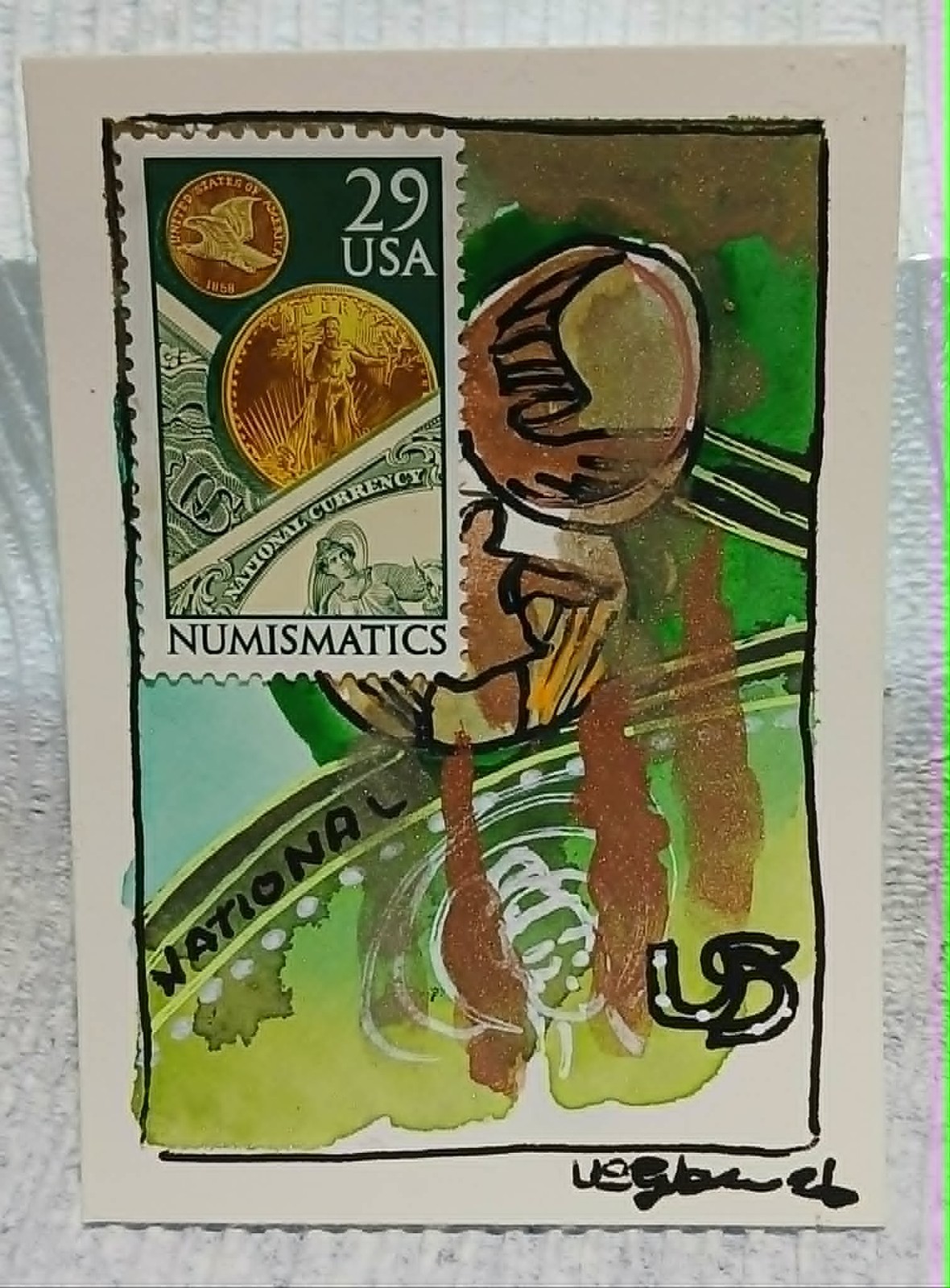 Postal Whimsy OOAK ACEO – 29¢ Numismatics Stamp Abstract Watercolor Scribble Art
