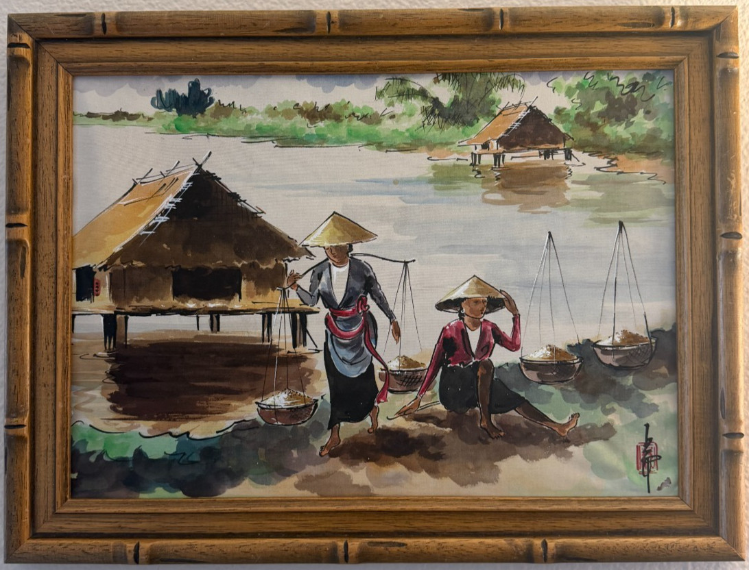 Vintage Vietnamese Silk Painting Original Hand Painted Watercolor River Village