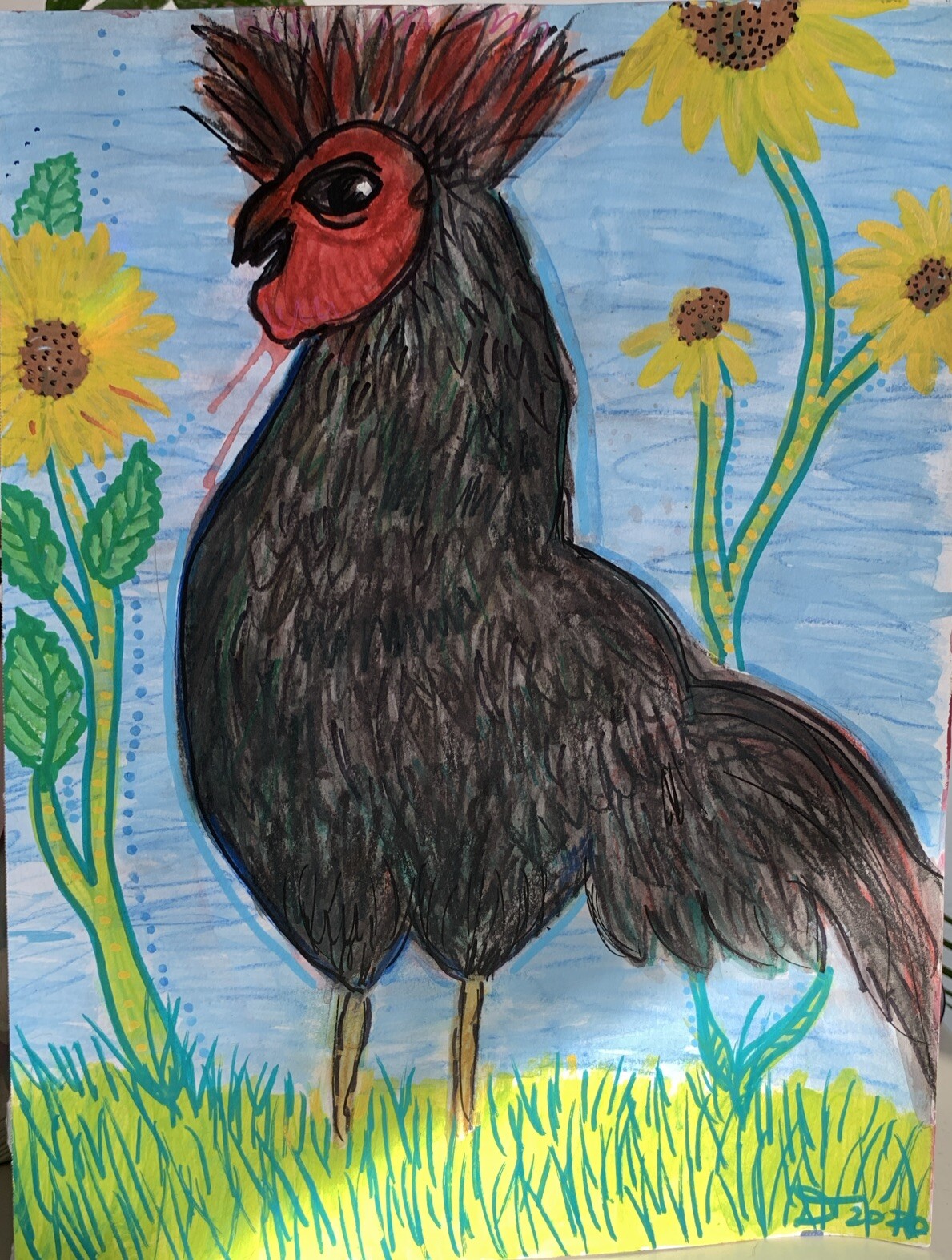 Moody Black Rooster & Sunflowers ORIGINAL Mixed Media PAINTING ON PAPER