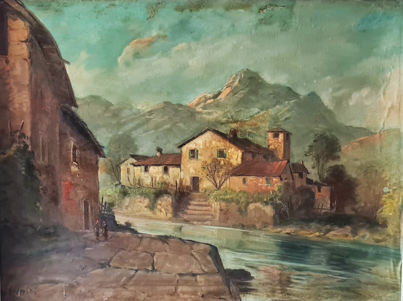 Emilio Salmini Italiy Artist Antique Painting Oil on Canvas attached to Board