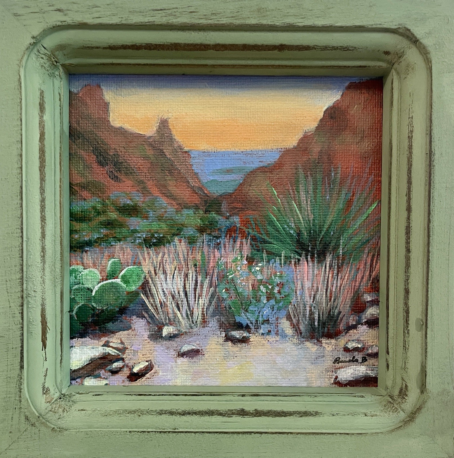 Big Bend Desert Sunset Original Acrylic Landscape Painting 5×5 Southwestern Art