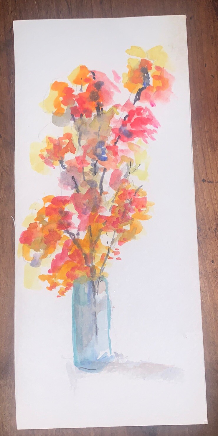 Original Floral Still Life Watercolor Pink Orange Brown Blue 4”W 9.5”T Unsigned
