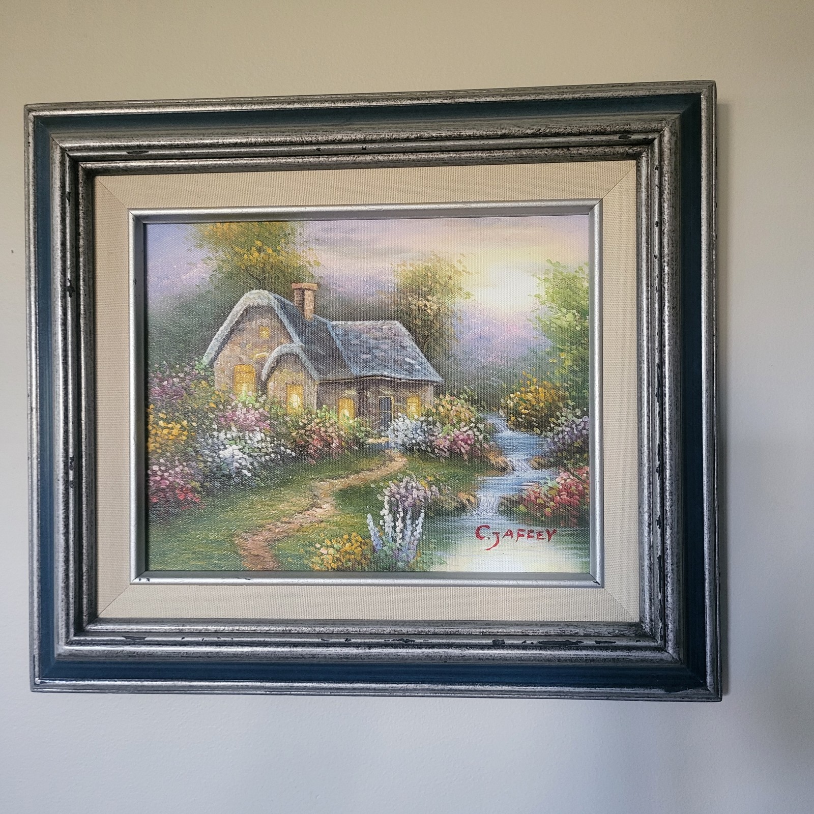 Rare C Jaffey Original Oil Painting Framed Hand Painted and Signed Cottage Water