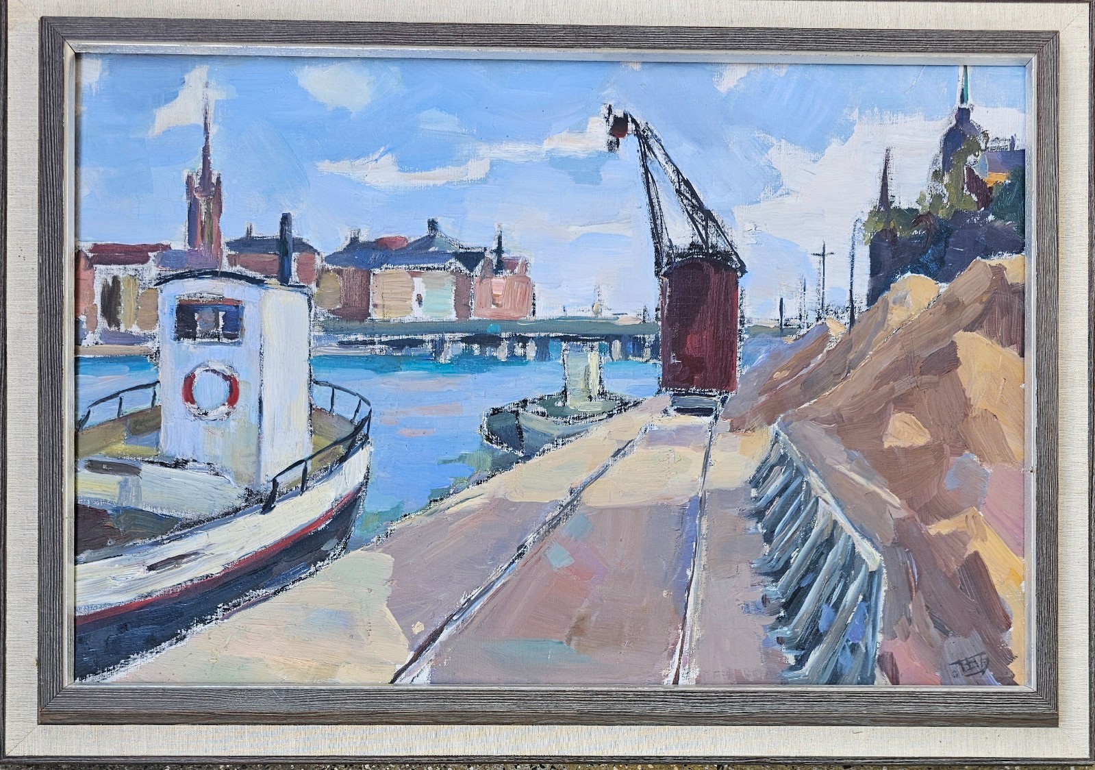 MID CENTURY STOCKHOLM OIL PAINTING VIEW FROM SKEPPSBROKAJEN GAMLA STAN SIGNED