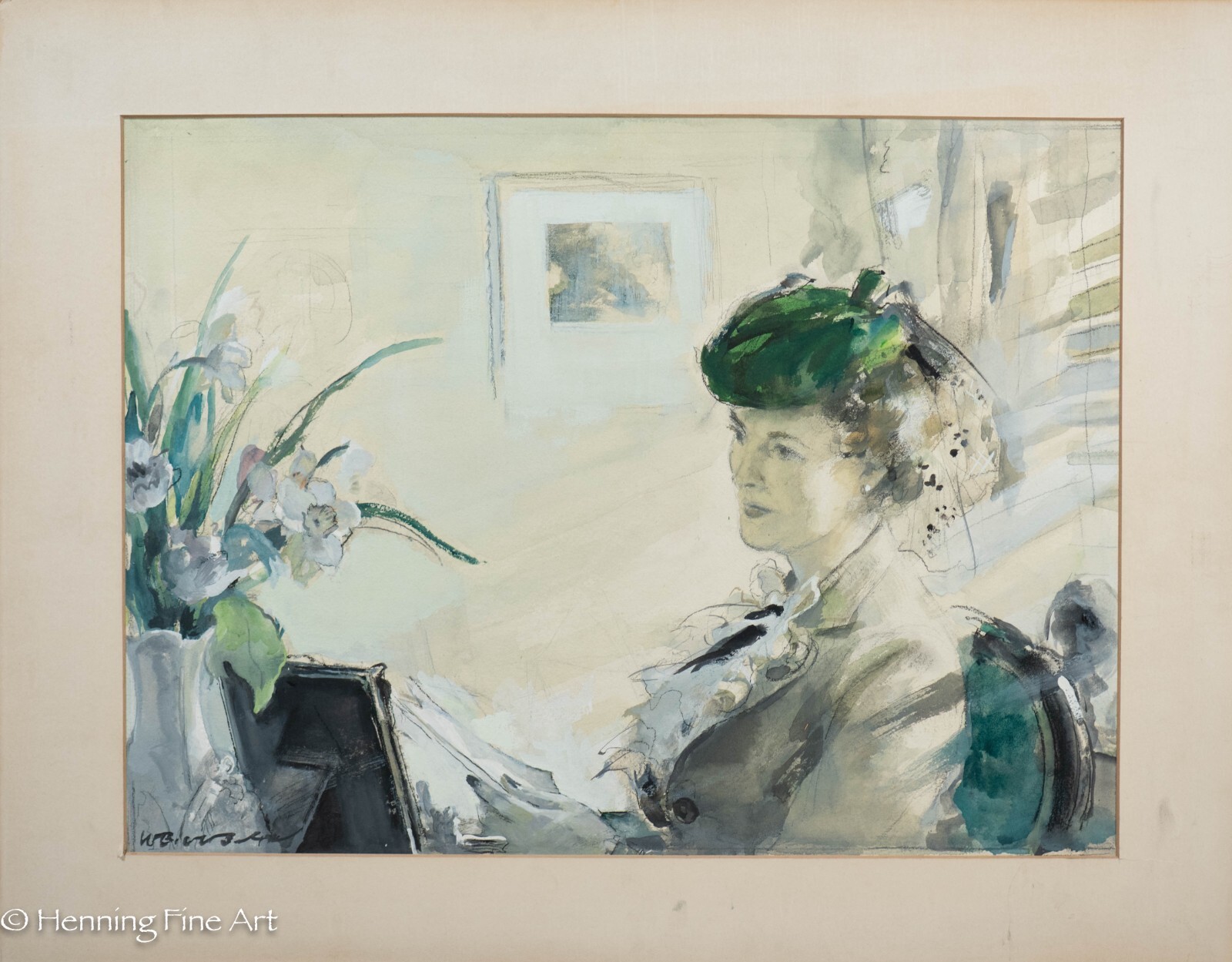 Stunning Antique Painting of Women in Green Hat with Flowers, Illegibly Signed