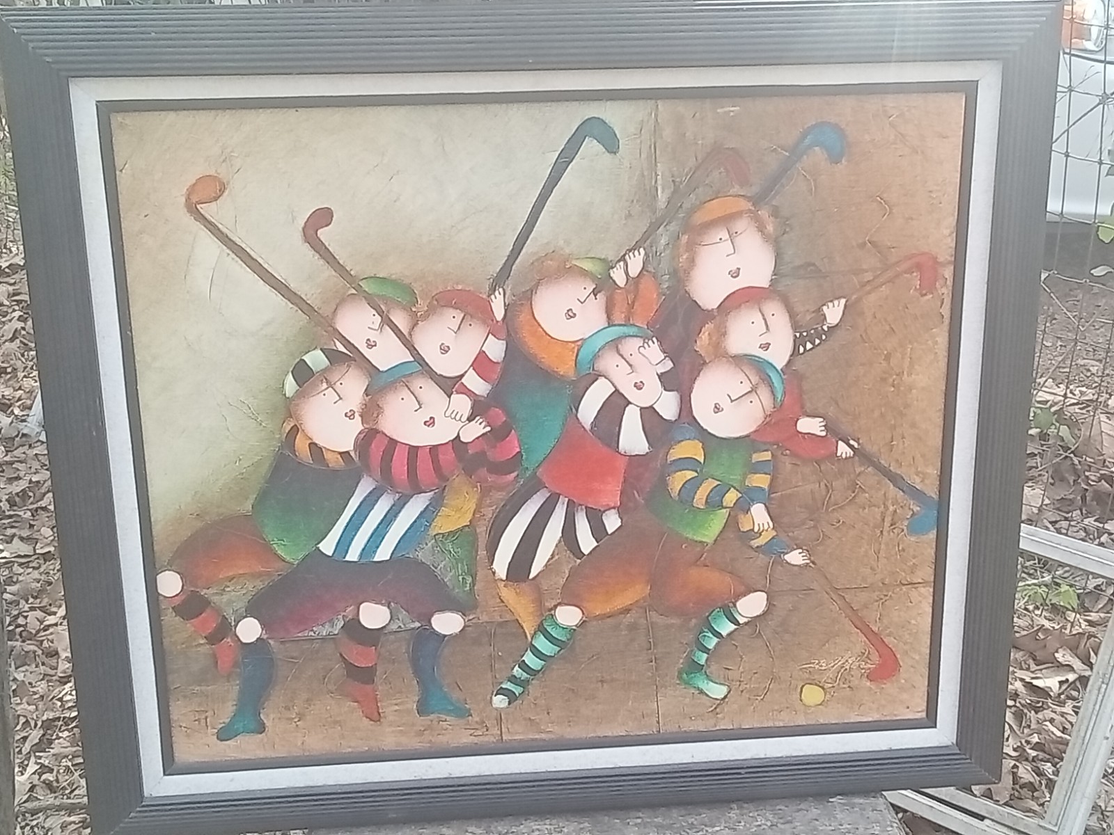 J. Roybal Children Playing Hockey Painting Signed