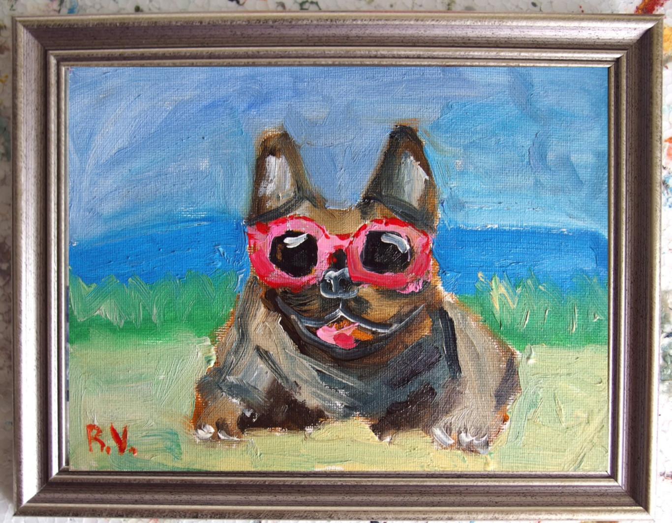 Pug dog in sunglasses on the beach 6×8″ oil painting 100% Handmade original