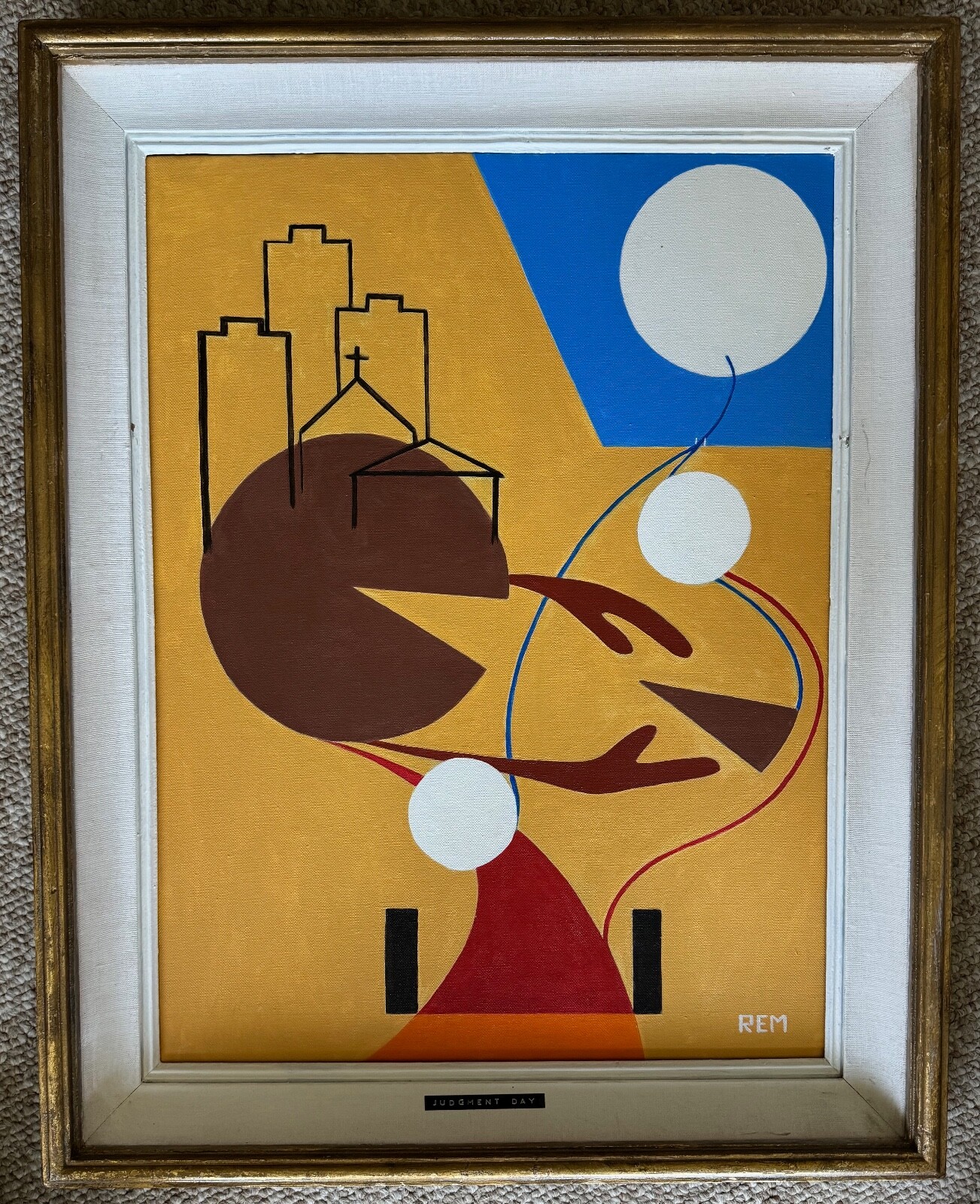 Vintage Surreal Abstract Geometric Painting Art Wall Hanging Signed REM Menges