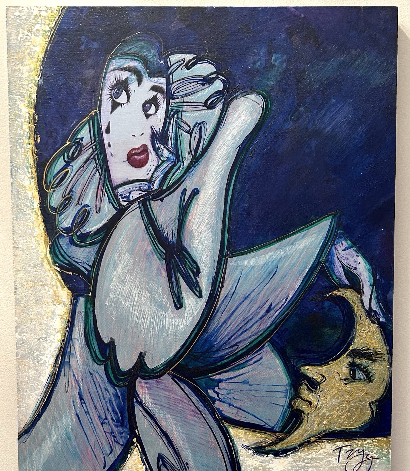 Clown Painting Original Clara Delluna 2016 Mixed Media On Wood OFAK