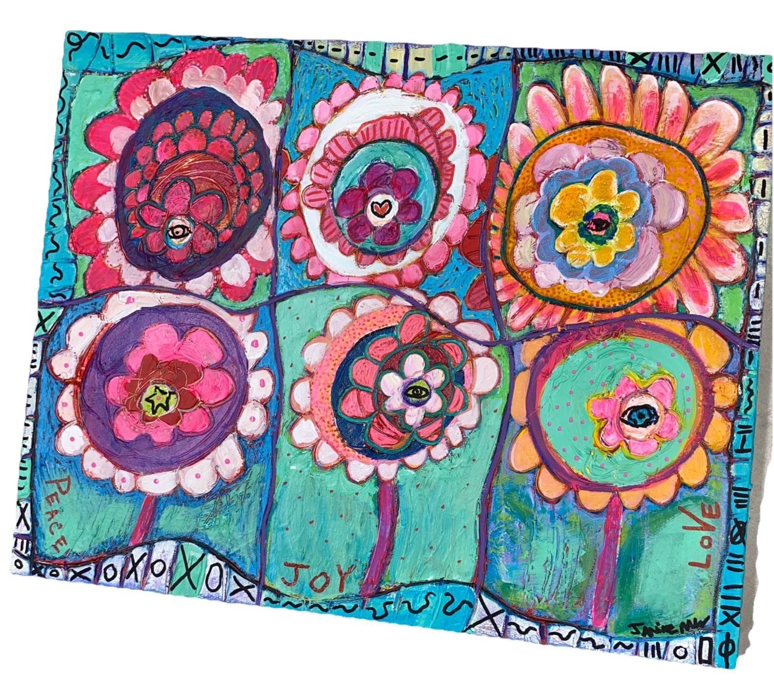 16”x20”x 1.5” PEACE JOY LOVE Original Piece Signed By Artist. ( On Cradleboard)