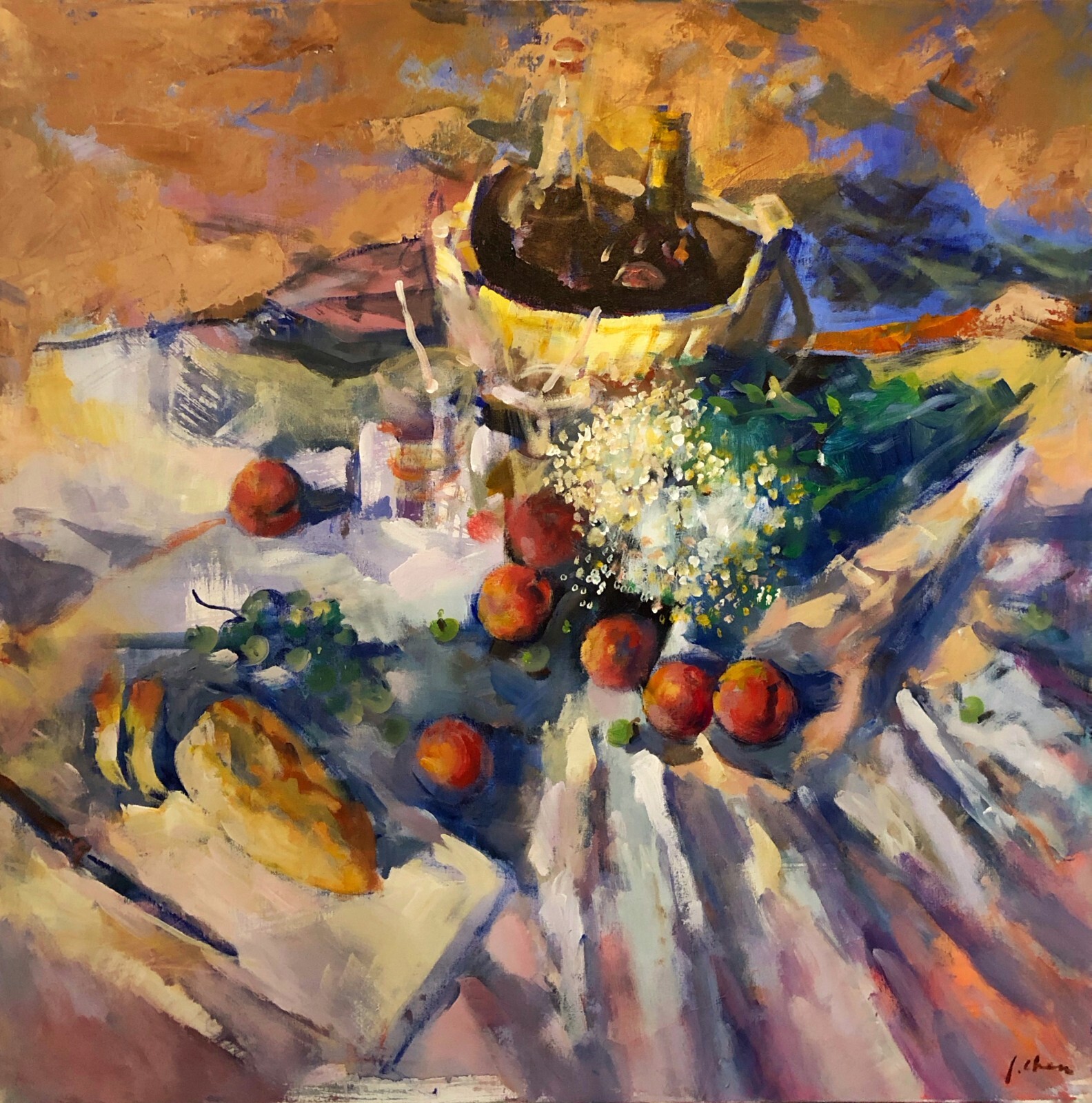 “Picnic around Stand” 100x100cm oil and acyl on canvas
