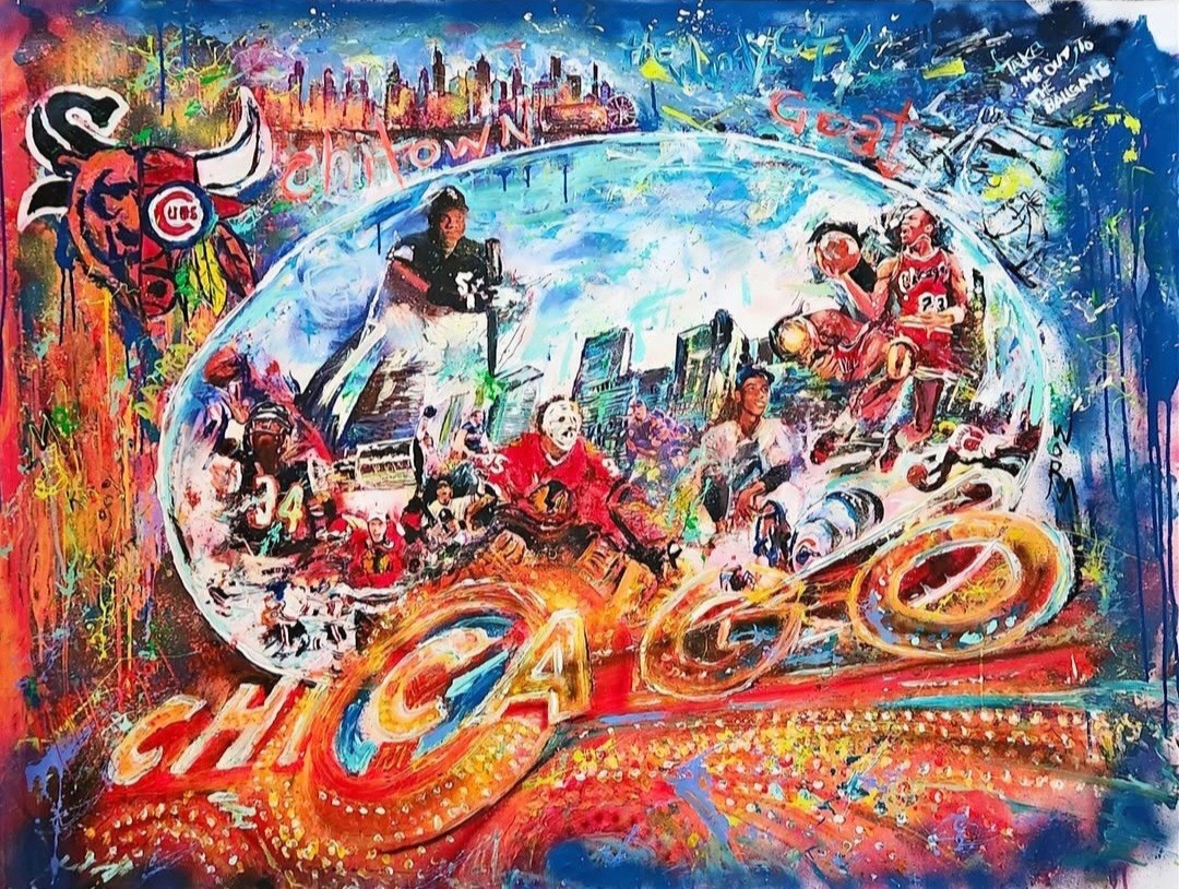 Chicago Sports Collage Original Painting Murray Henderson 57″x43″ Signed Framed