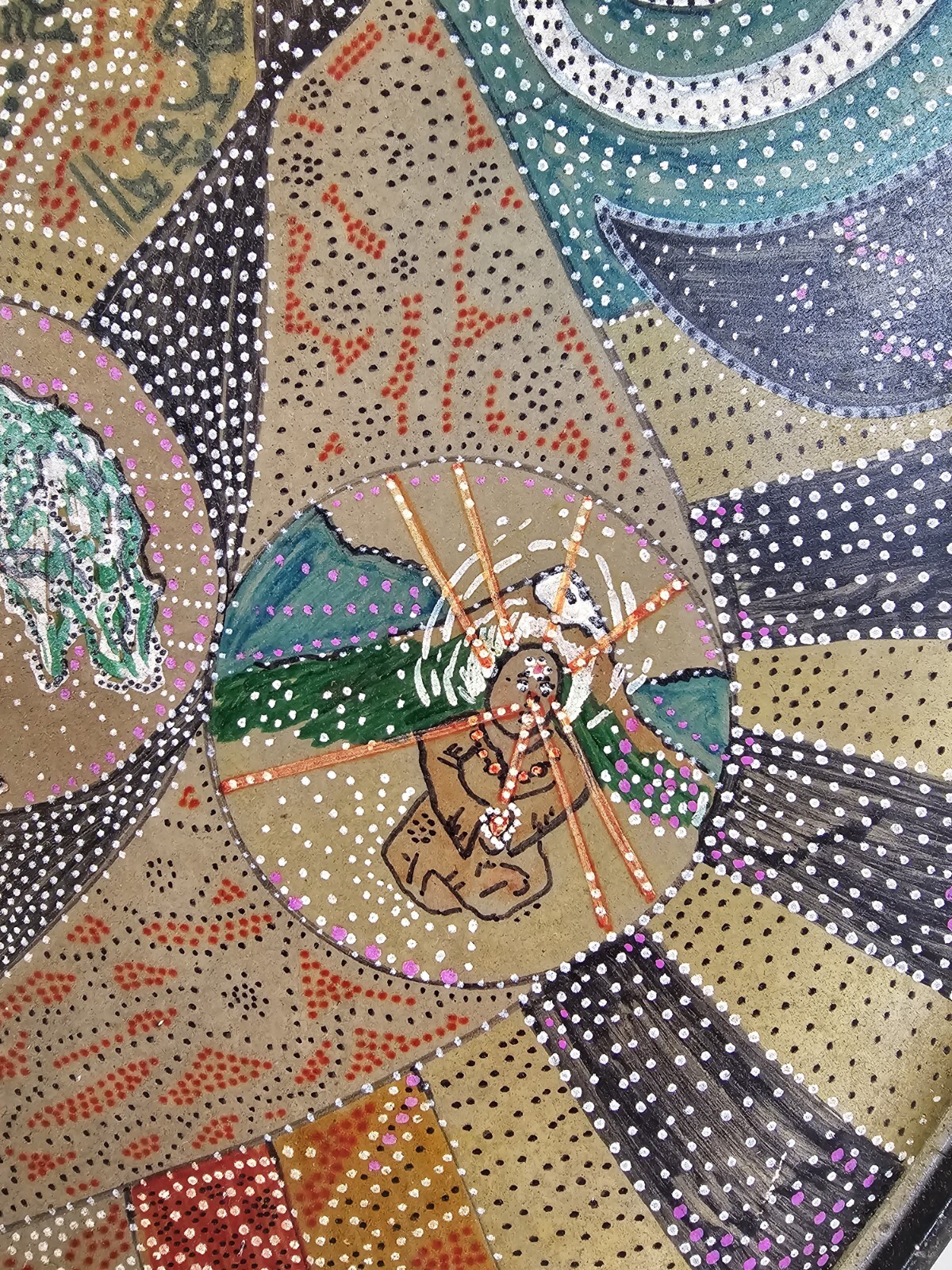 ART – Original Signed Abstract Mandala Pointalism Painting on 25 Inch Drum Head