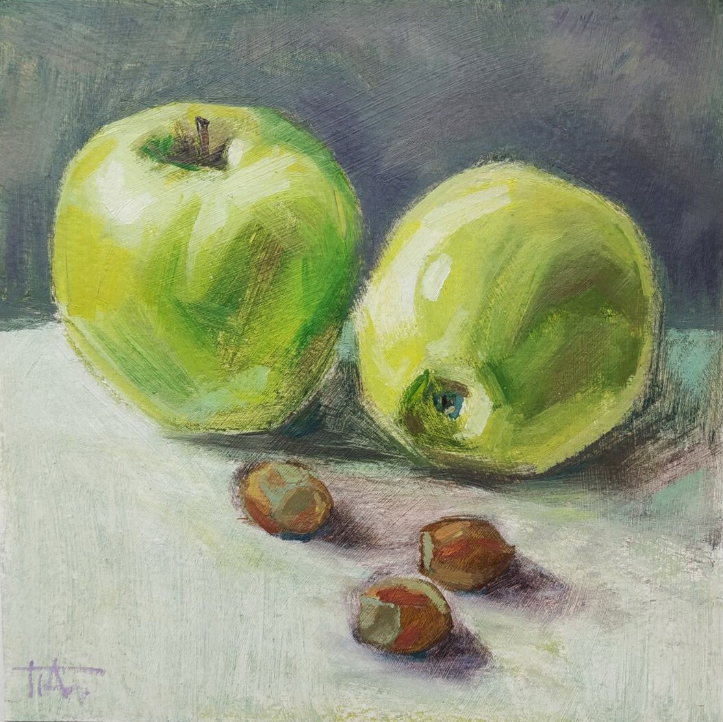Original Oil Painting Still Life Green Apples and Nuts 6×6 inches Impressionism