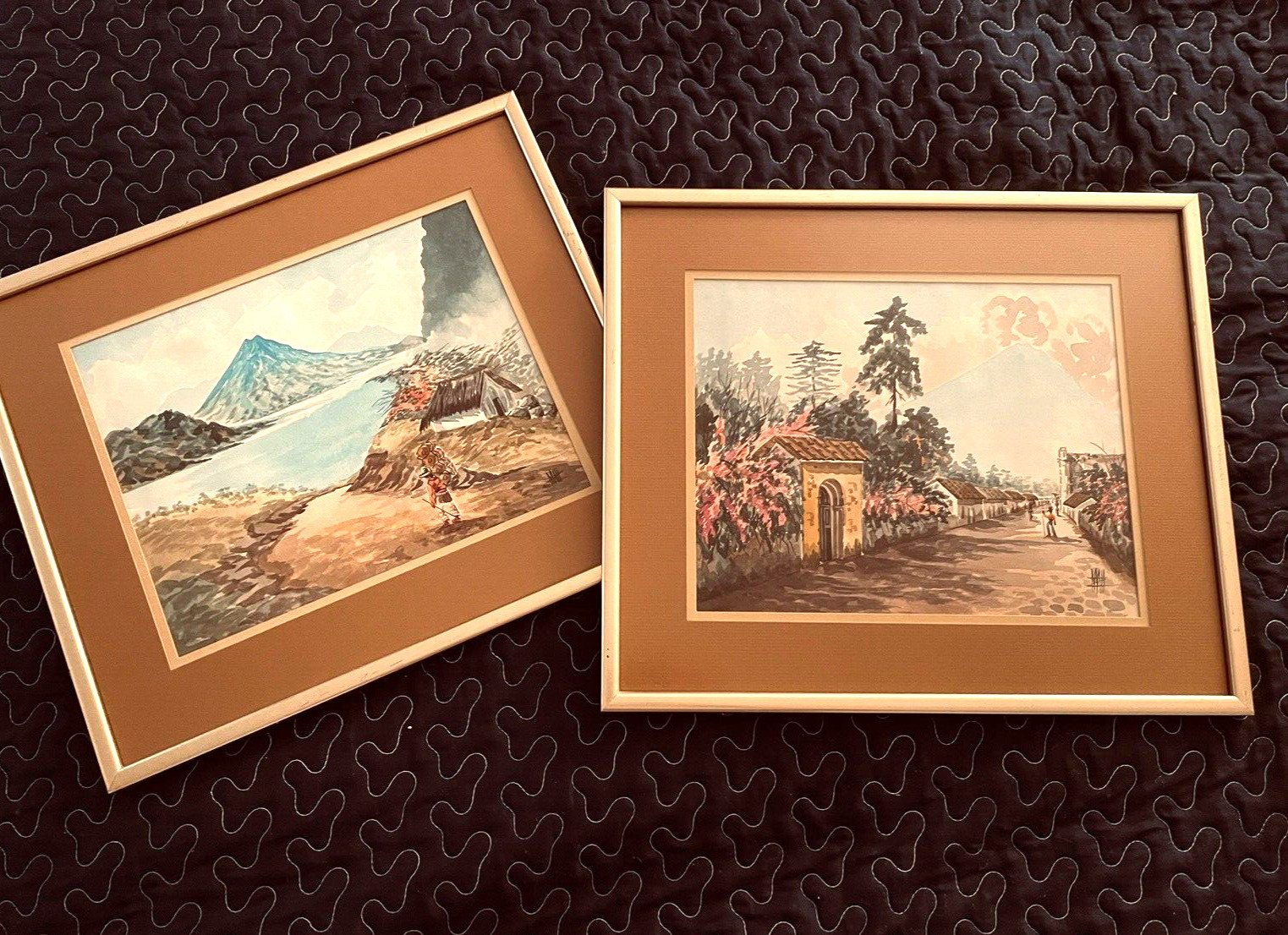 Pair Vintage South America Island Landscape Watercolor Paintings 18×15″ Signed