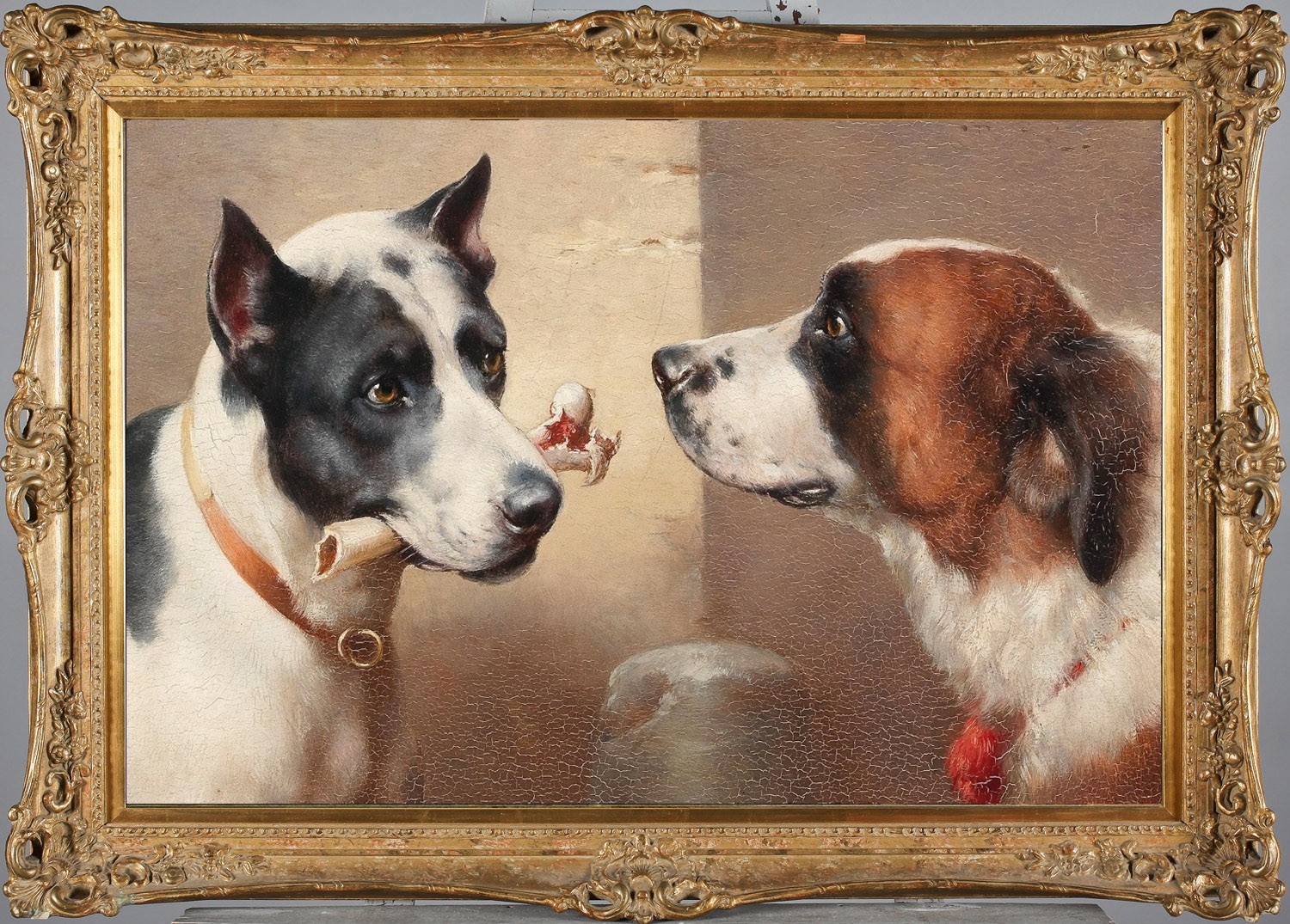 Hand Painted Oil Painting Vintage Pitbull & Saint Bernard Dog With Bone Classic