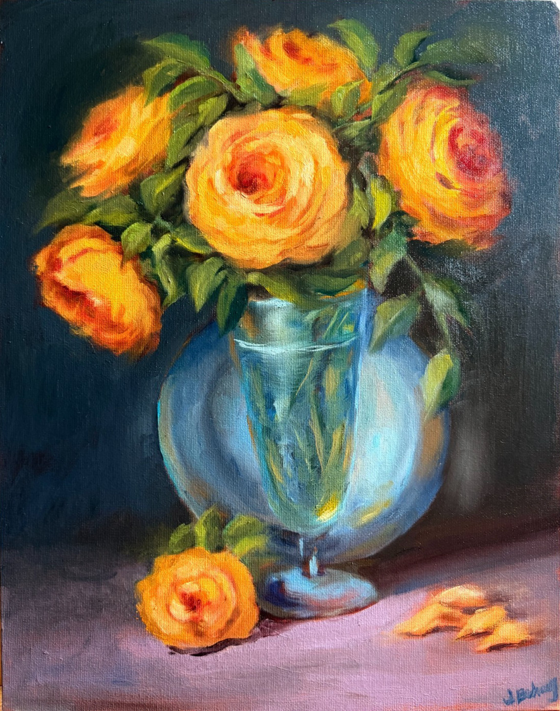 Golden Roses in a Blue Vase- Original Rose Oil Painting, 11×14 Floral Still Life
