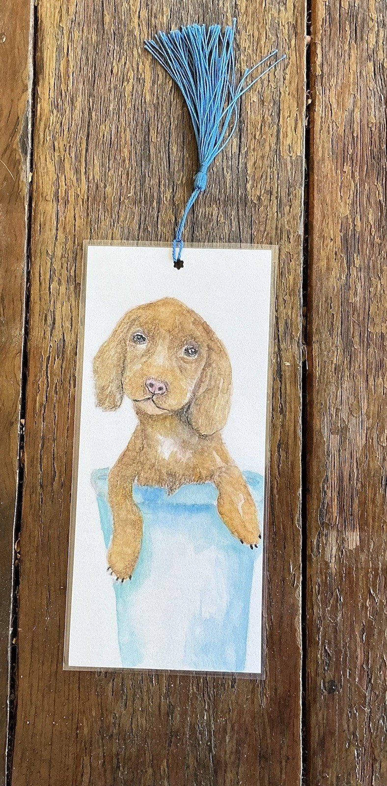 Bookmark Dog Flower Pot Art Laminated Painting By Kenna 8cm X 20cm With Tassel
