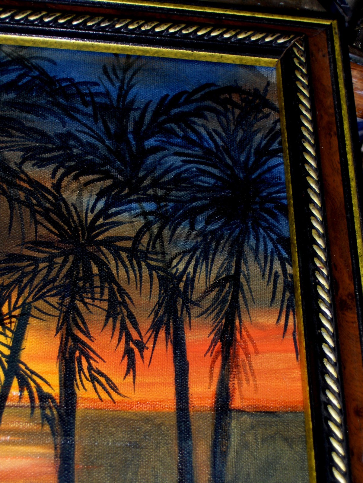 Lake Landscape Sunset Reflections Sea shore Palm Trees by Water Oil Painting
