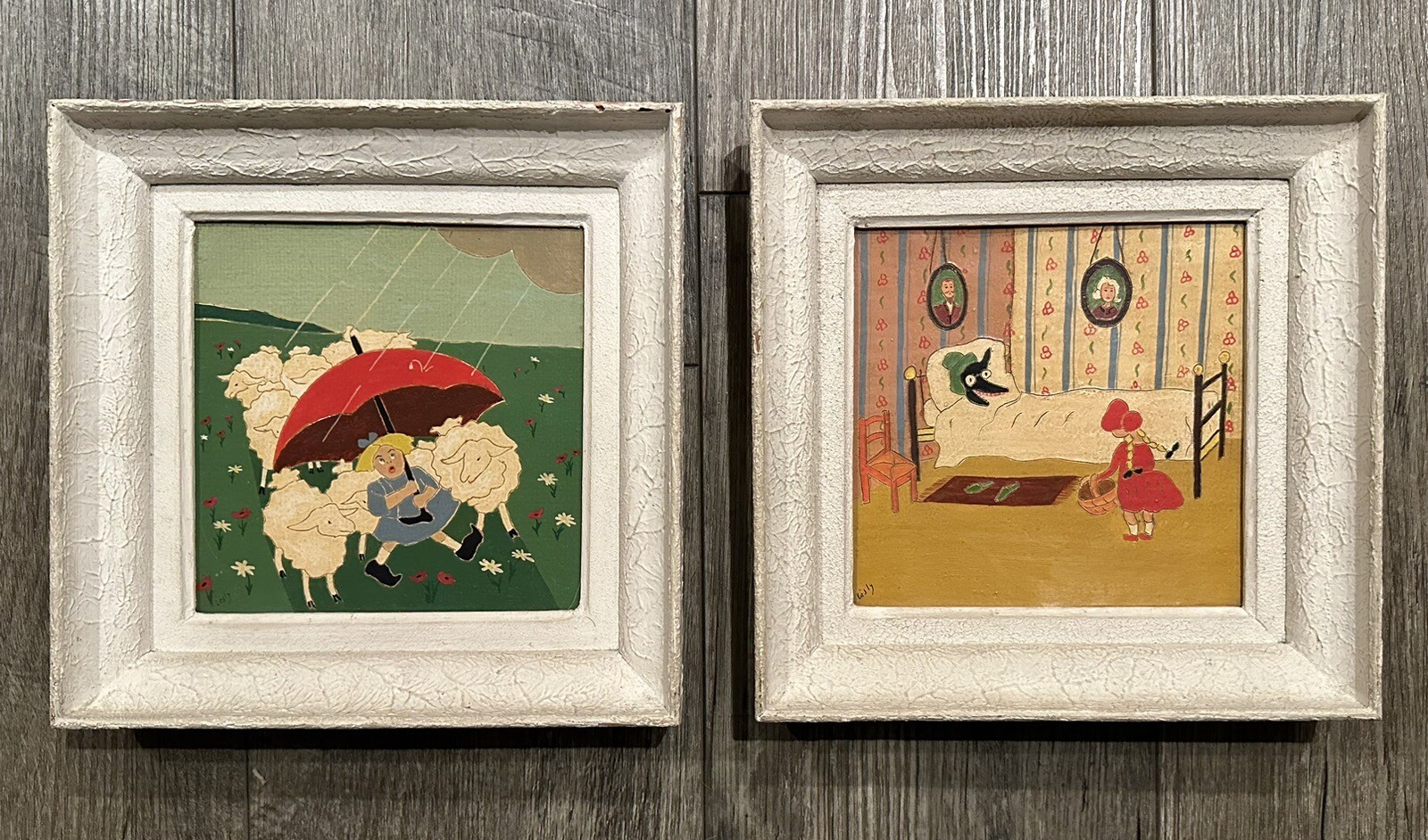 2 Vintage Fairy Tail Signed Lesly Oil Paintings Red Riding Hood Big Bad Wolf