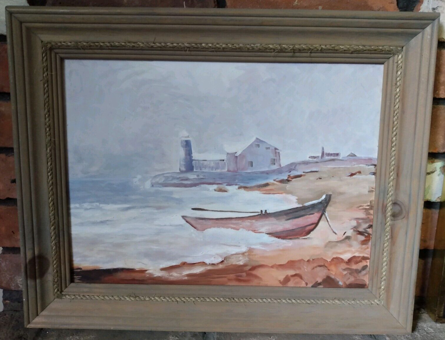Original Painting Ocean Sea Boat Light House Nautical Waves Beach Framed