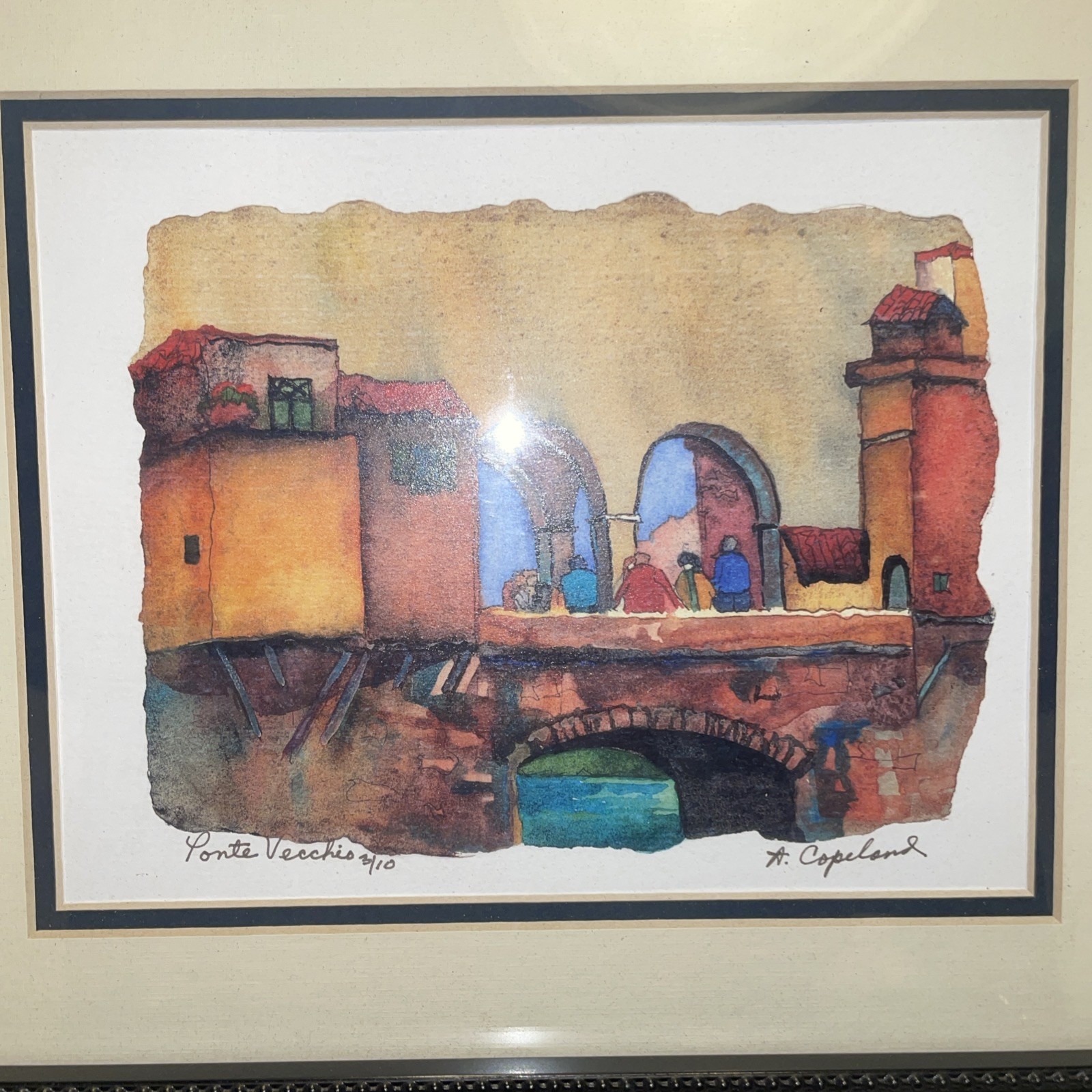 Signed Framed Limited Edition Water Color Painting Pointe Vecchio Bridge, Italy