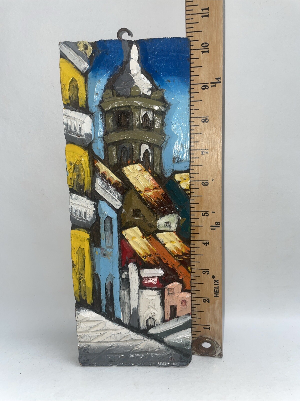 Rustic Painting Representing Houses With Perfect Carving And Polychromy 10×3.75”