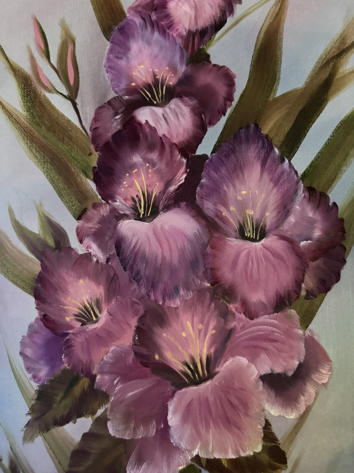 Evelyn Mull of Idaho 1991 Oil Painting GLADIOLUS in Purple Framed 29×17 inch