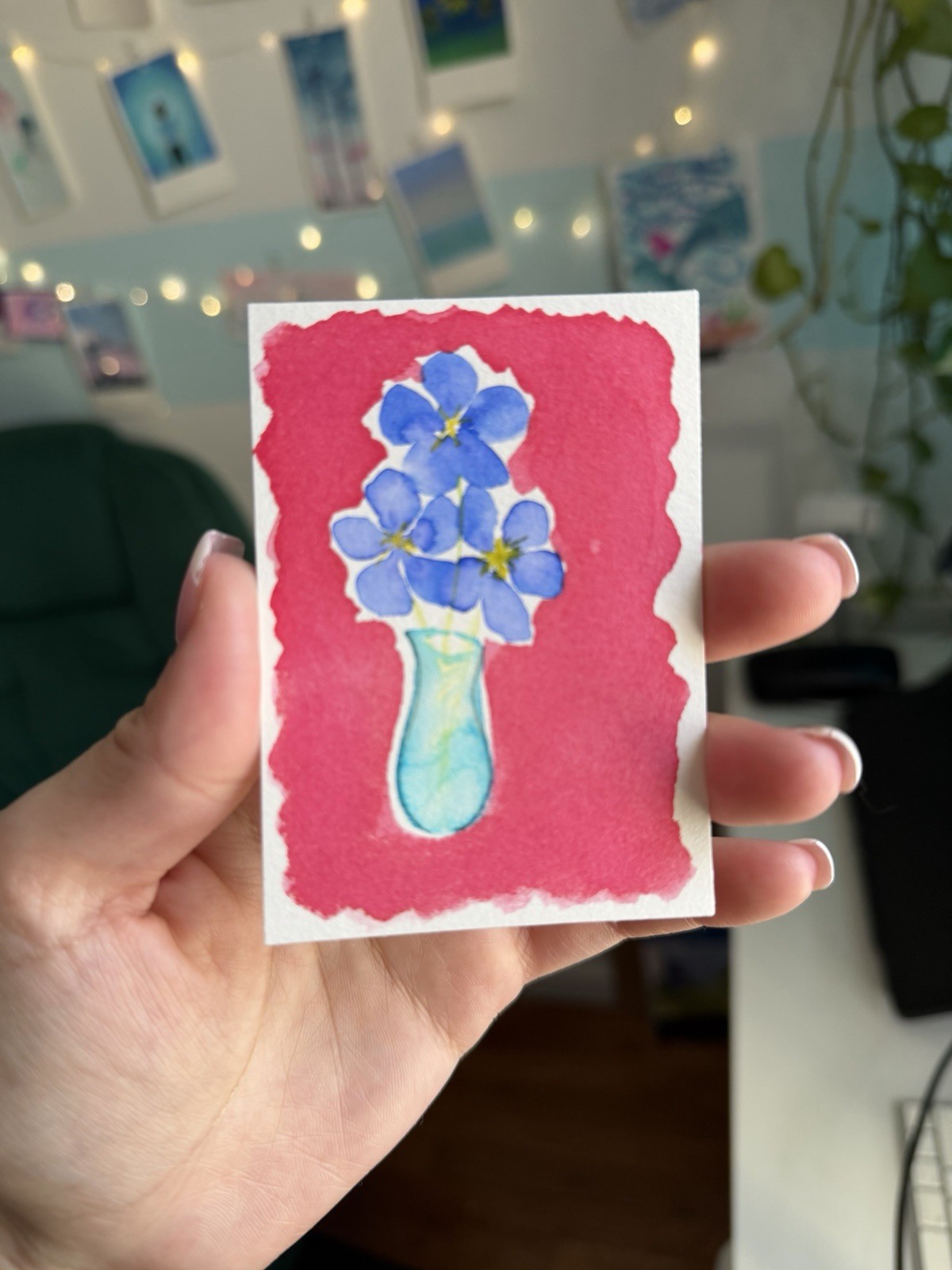 Original ACEO Blue Flowers Vase Fuchsia Pink Background Art Card 2.5×3.5