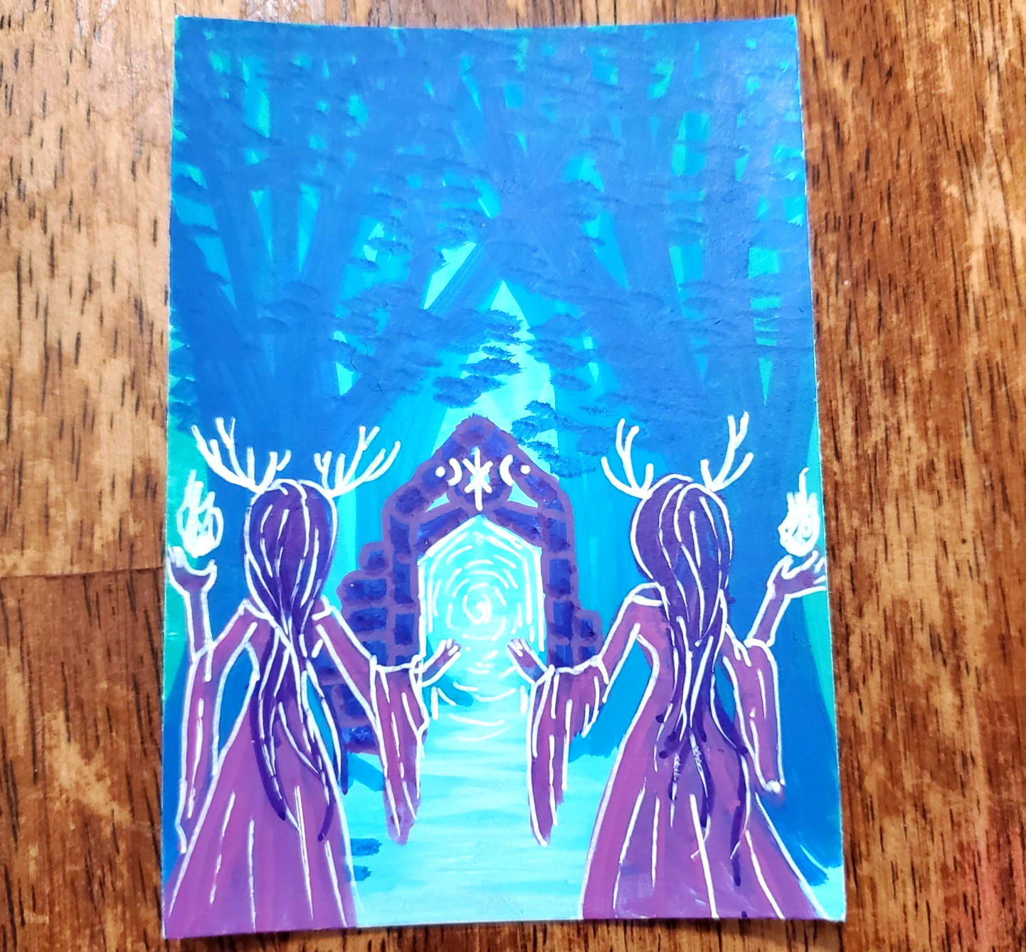 ACEO Original Art Painting Forest Witch Mystical Stone Portal 3.5 x 2.5