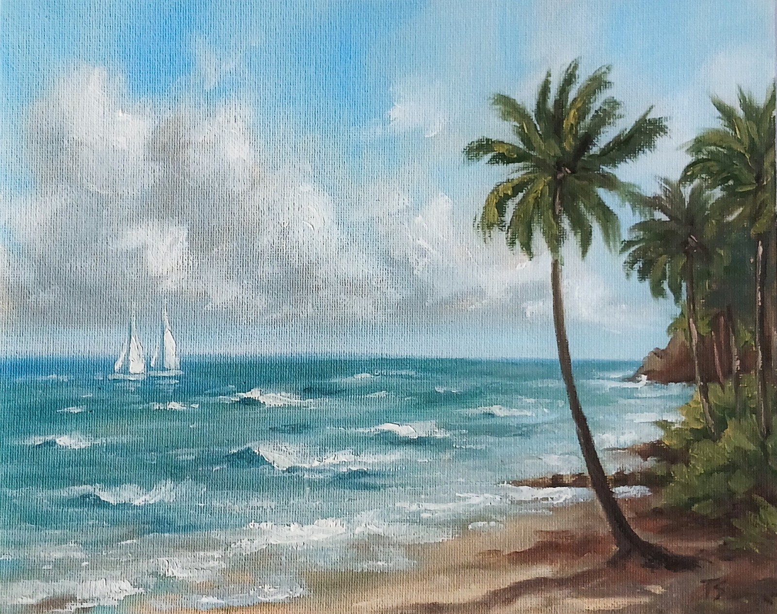 ORIGINAL Oil Painting Impressionism Ocean Boats Beach Palms Vacation 8″x10″