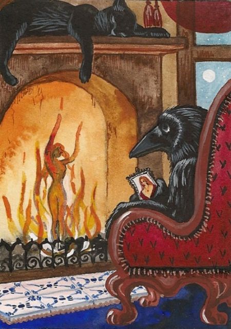 ACEO PRINT OF PAINTING RYTA GOTHIC FOLK CROW RAVEN BLACK CAT HALLOWEEN WITCH ART