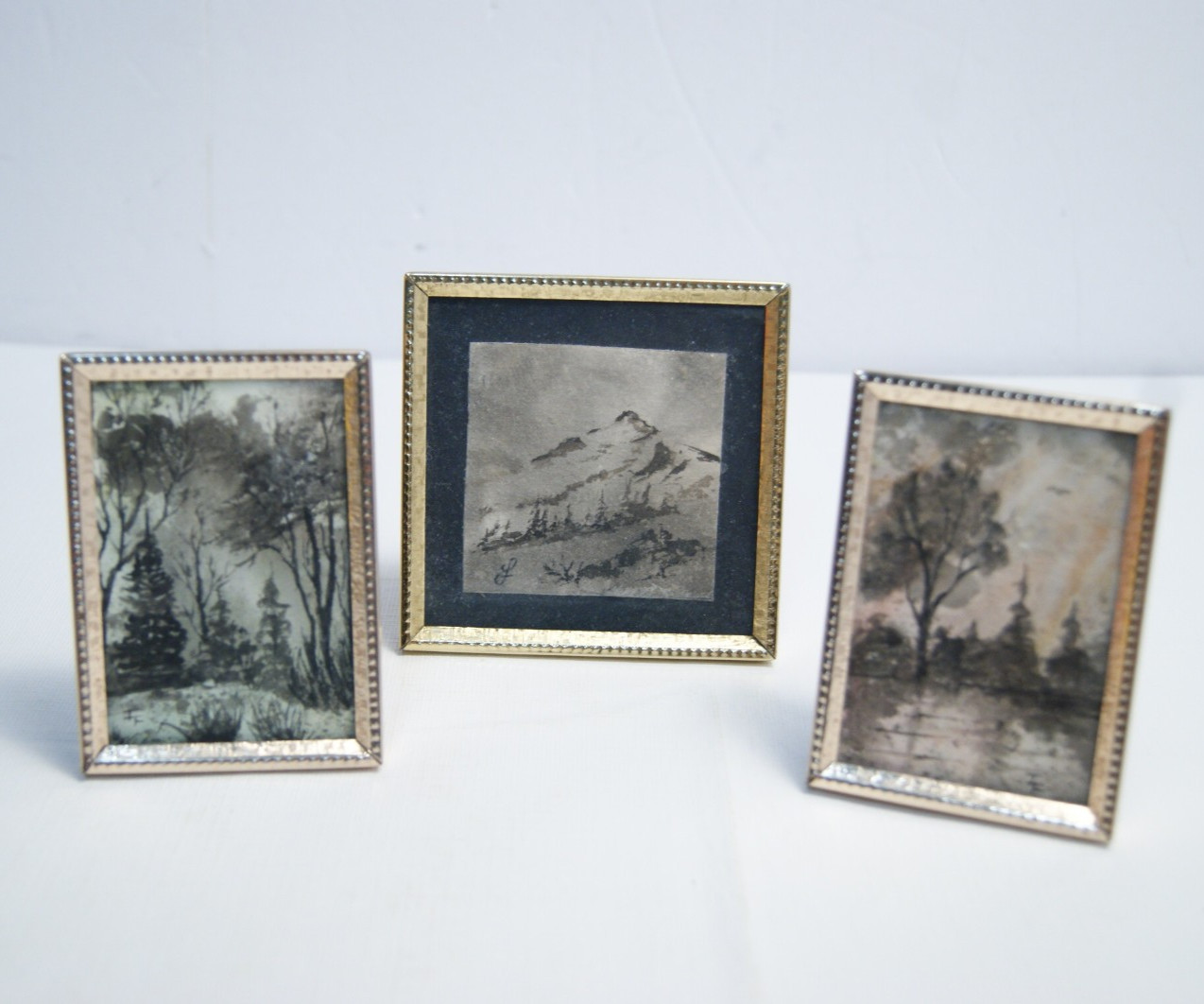 Miniature Landscape Paintings Set of 3 Watercolor Ink Signed Art Framed Vintage