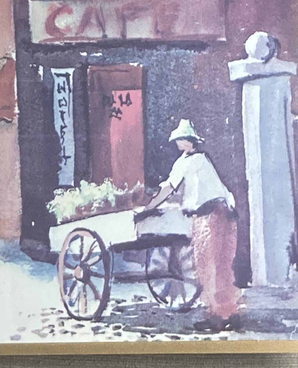 Vintage Chinese Asian Push Cart Chinatown Cafe Original Watercolor Art Painting